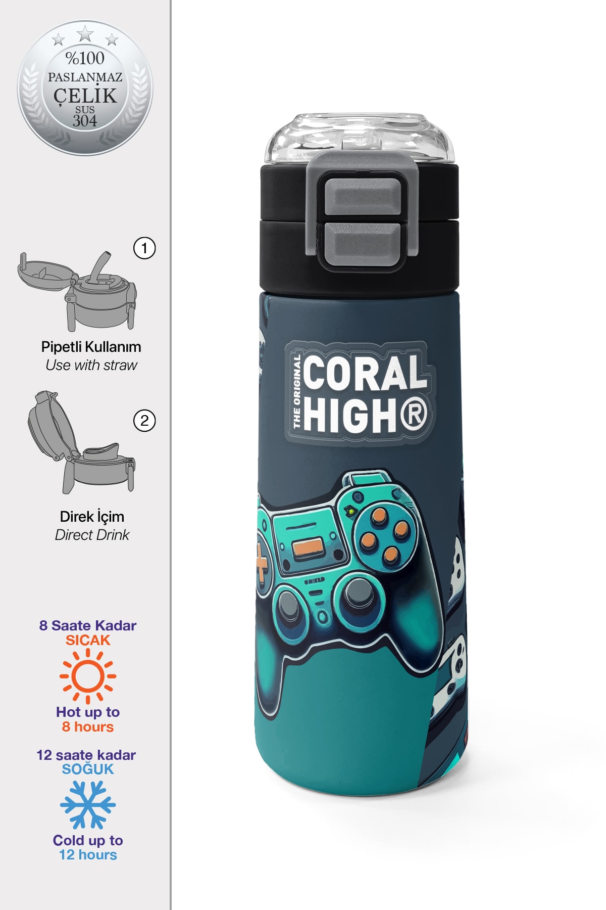 Coral High Kids Nefti Gamer Desenli Pipetli ve Direkt İçim Çelik Termos 500 ml 31861
