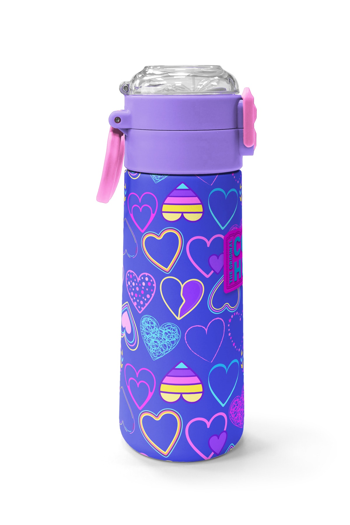 Coral High Kids Açık Pembe Lavanta Kalp Desenli Pipetli ve Direkt İçim Çelik Termos 500 ml 31977