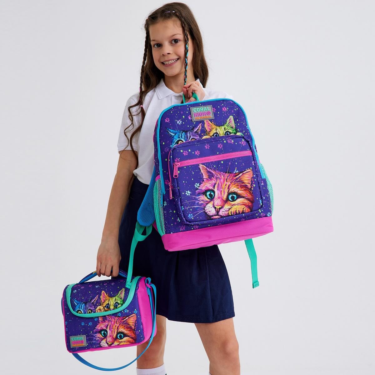 Coral High Kids Mor Pembe Kedi Desenli 3’lü Okul Çanta Seti SET0123732