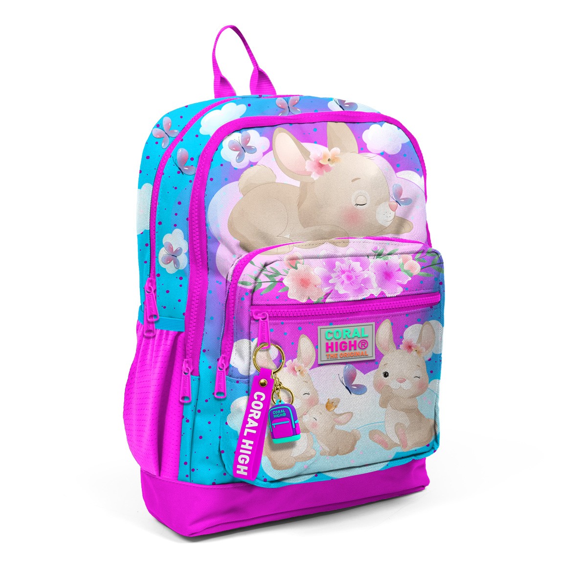Coral High Kids Mavi Pembe Tavşan Desenli Dört Bölmeli USB'li Okul Sırt Çantası 23836