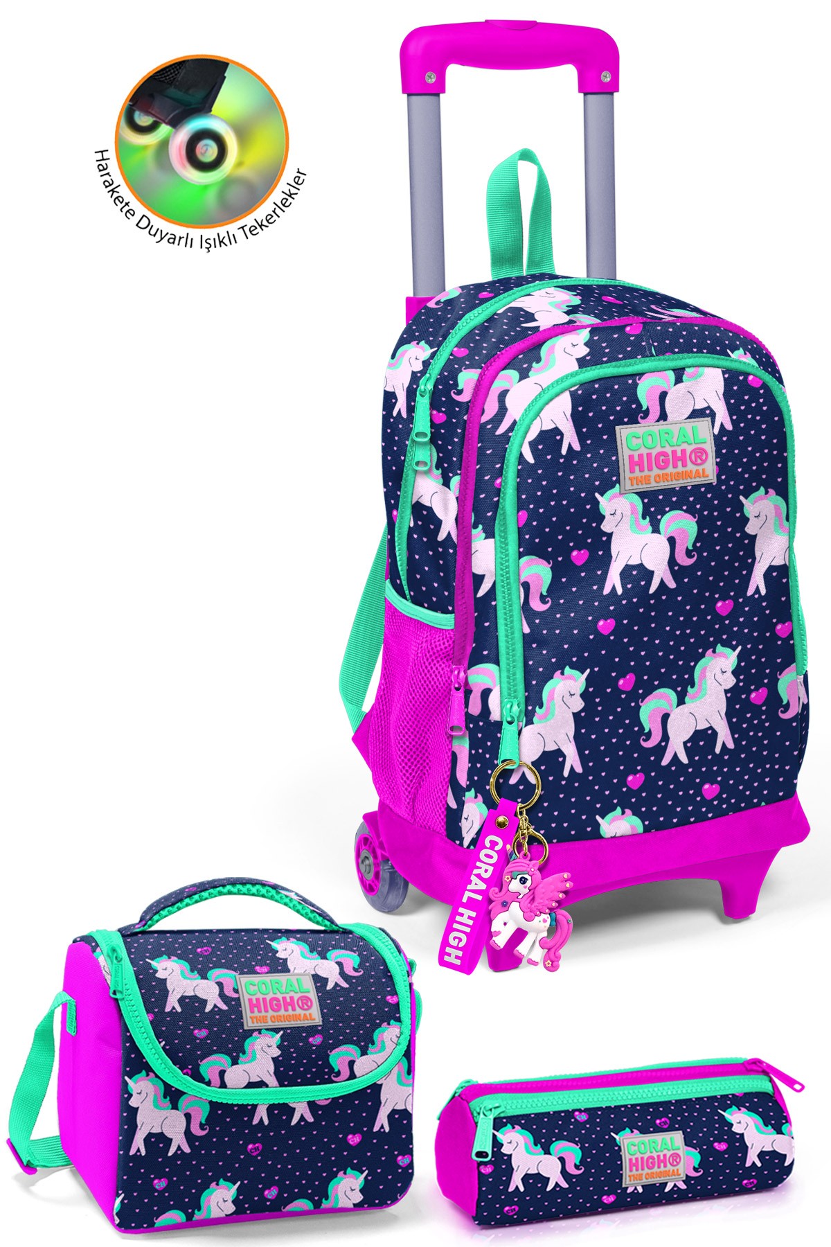 Coral High Kids Lacivert Pembe Unicorn Desenli Çekçekli 3'lü Çanta Seti SET0123366