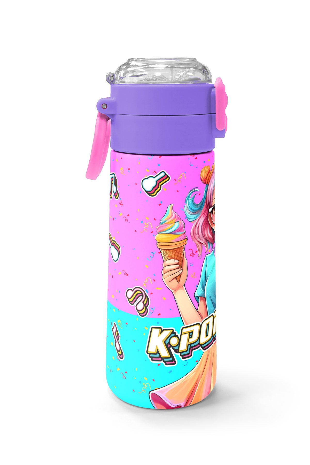 Coral High Kids Pembe Turkuaz K-Pop Desenli Pipetli ve Direkt İçim Çelik Termos 500 ml 31865