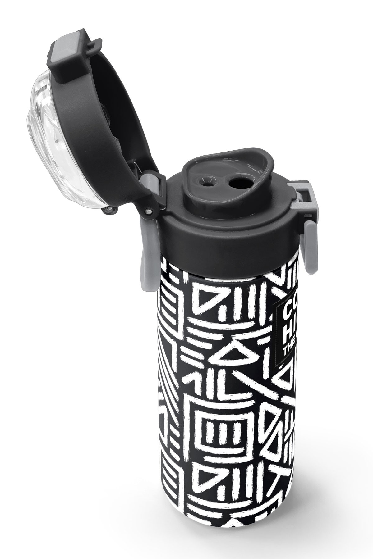 Coral High Kids Siyah Beyaz Geometrik Desenli Pipetli ve Direkt İçim Çelik Termos 500 ml 31882