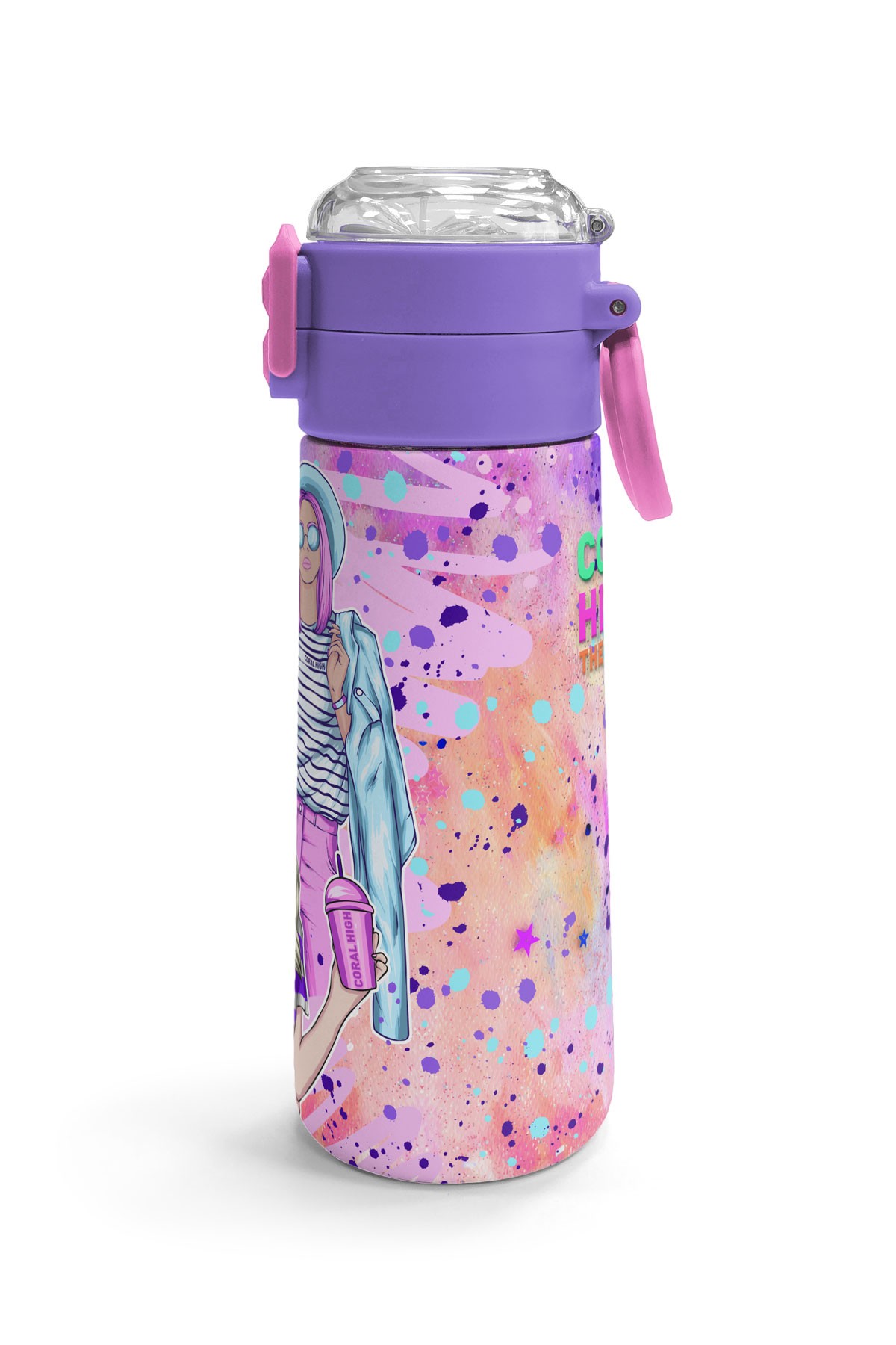 Coral High Kids Pembe Mor Fashion Girl Desenli Pipetli ve Direkt İçim Çelik Termos 500 ml 31956