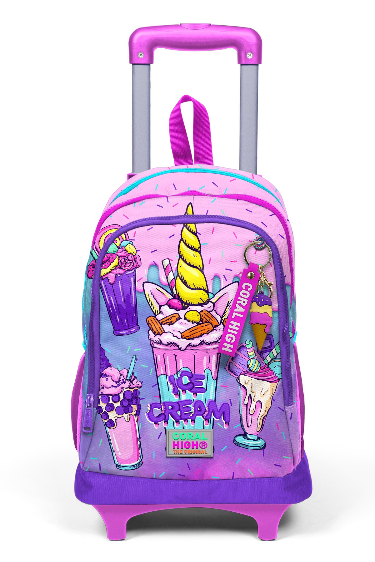 Coral High Kids Pembe Mor Milkshake Dondurma Desenli Üç Bölmeli Çekçekli Okul Sırt Çantası 23949