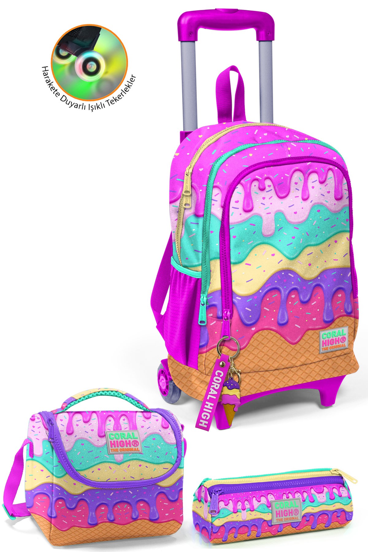 Coral High Kids Pembe Rengarenk Dondurma Desenli Çekçekli 3'lü Çanta Seti SET0123931