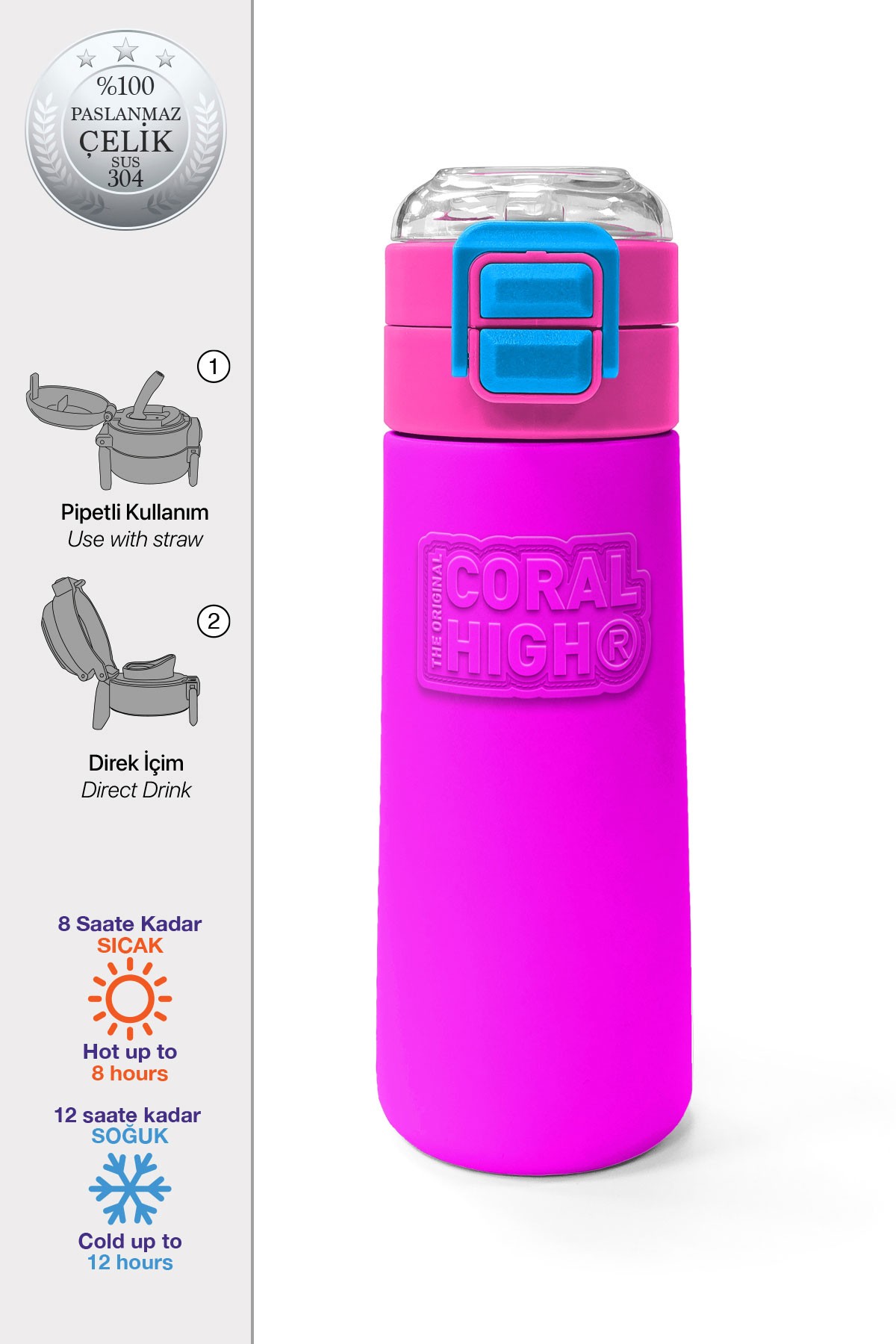 Coral High Kids Pembe Pipetli ve Direkt İçim Çelik Termos 500 ml 31843