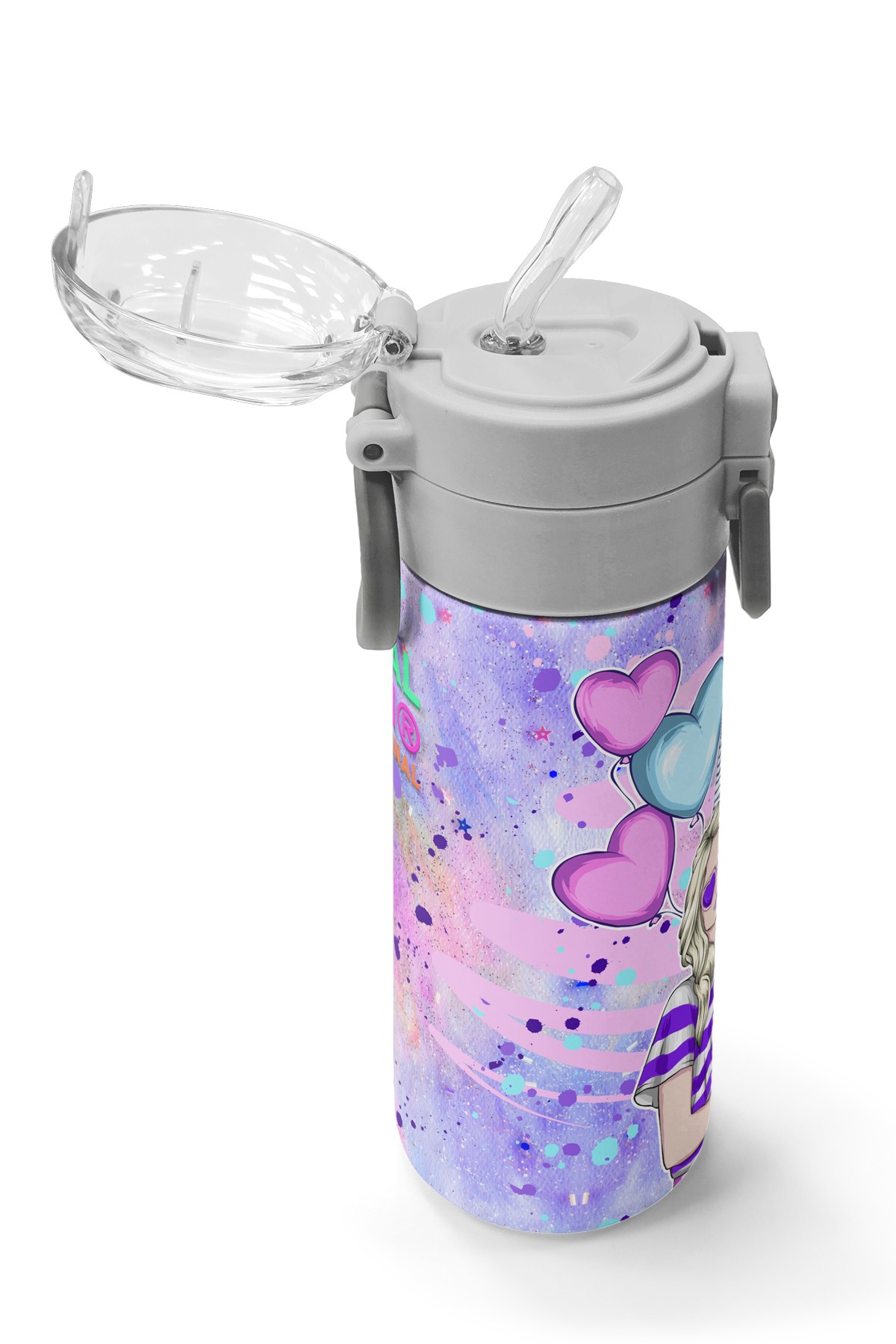 Coral High Kids Pembe Mor Fashion Girl Desenli Pipetli ve Direkt İçim Çelik Termos 500 ml 31956
