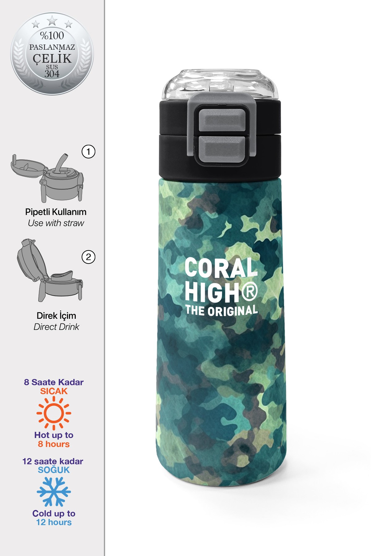 Coral High Kids Nefti Kamuflaj Desenli Pipetli ve Direkt İçim Çelik Termos 500 ml 31845