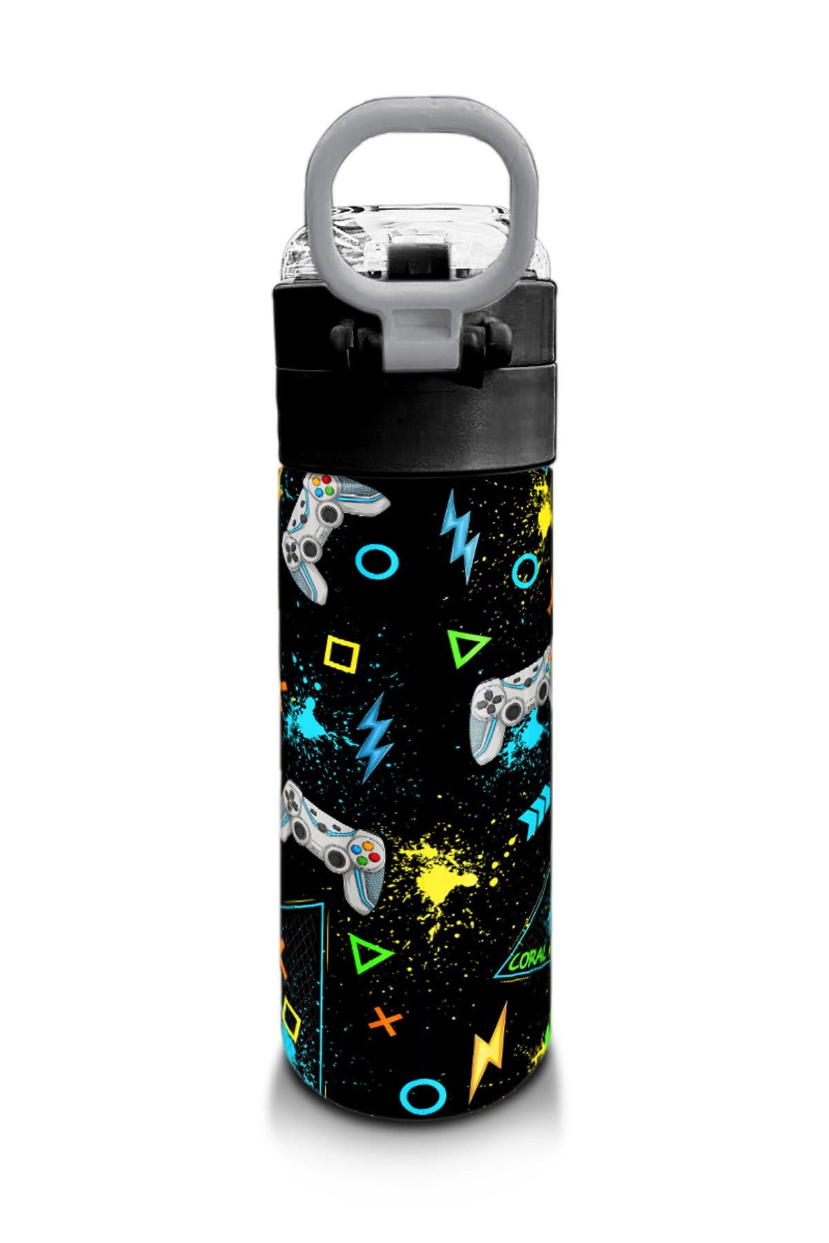 Coral High Kids Siyah Fosforlu Yeşil Gamer Desenli Pipetli ve Direkt İçim Çelik Termos 500 ml 31817