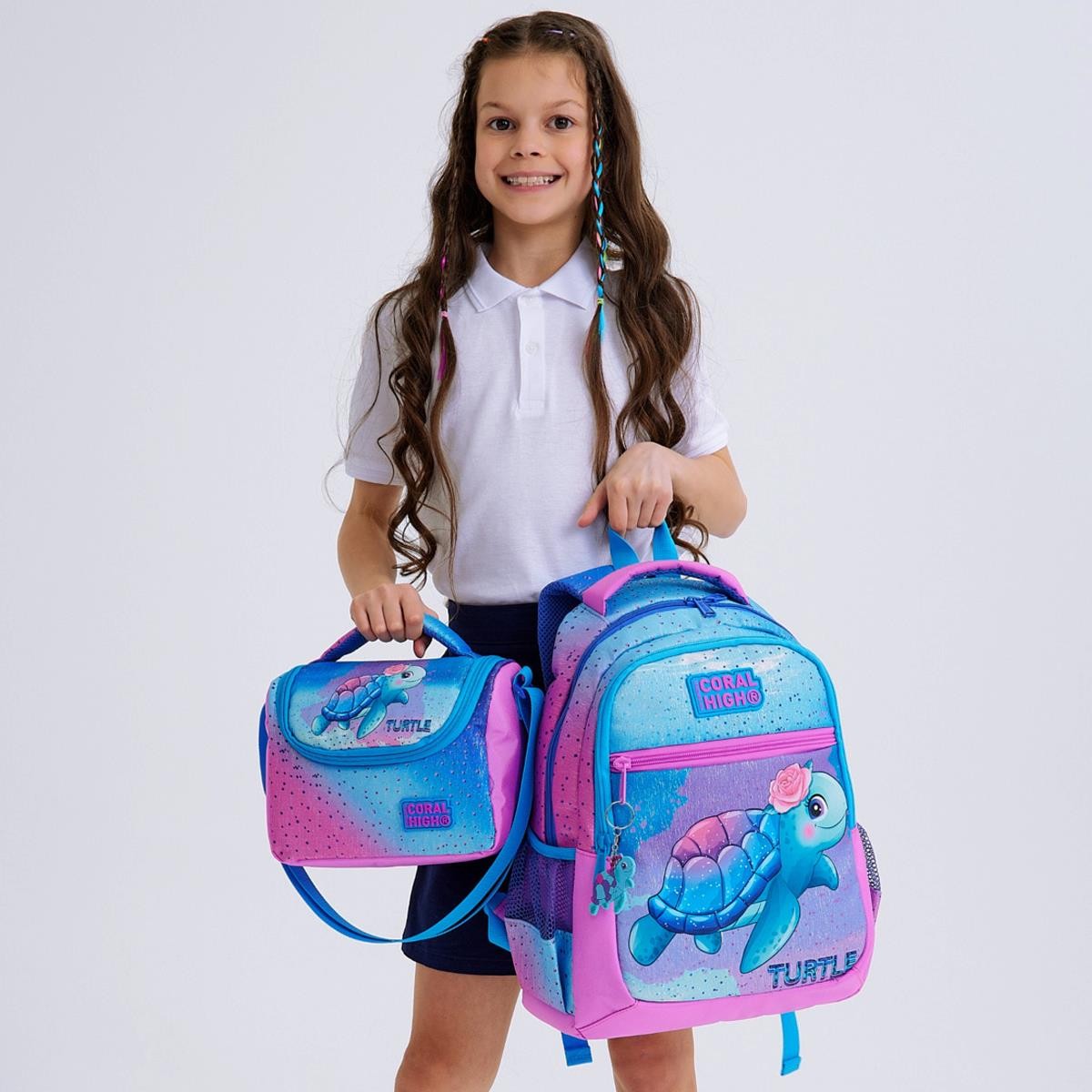 Coral High Kids Açık Pembe Mavi Kaplumbağa Desenli 3’lü Okul Çanta Seti SET0123497