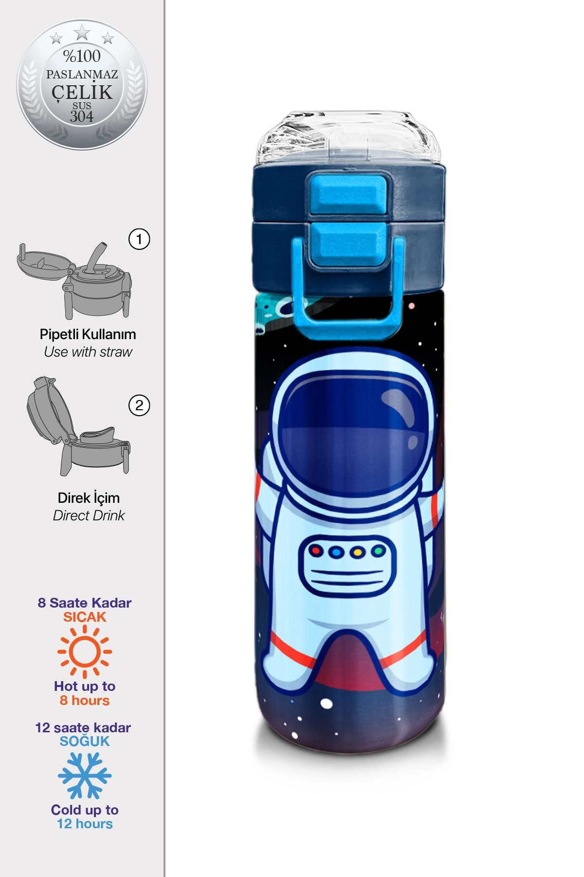 Coral High Kids Saks Mavi Astronot Desenli Pipetli ve Direkt İçim Çelik Termos 500 ml 31933
