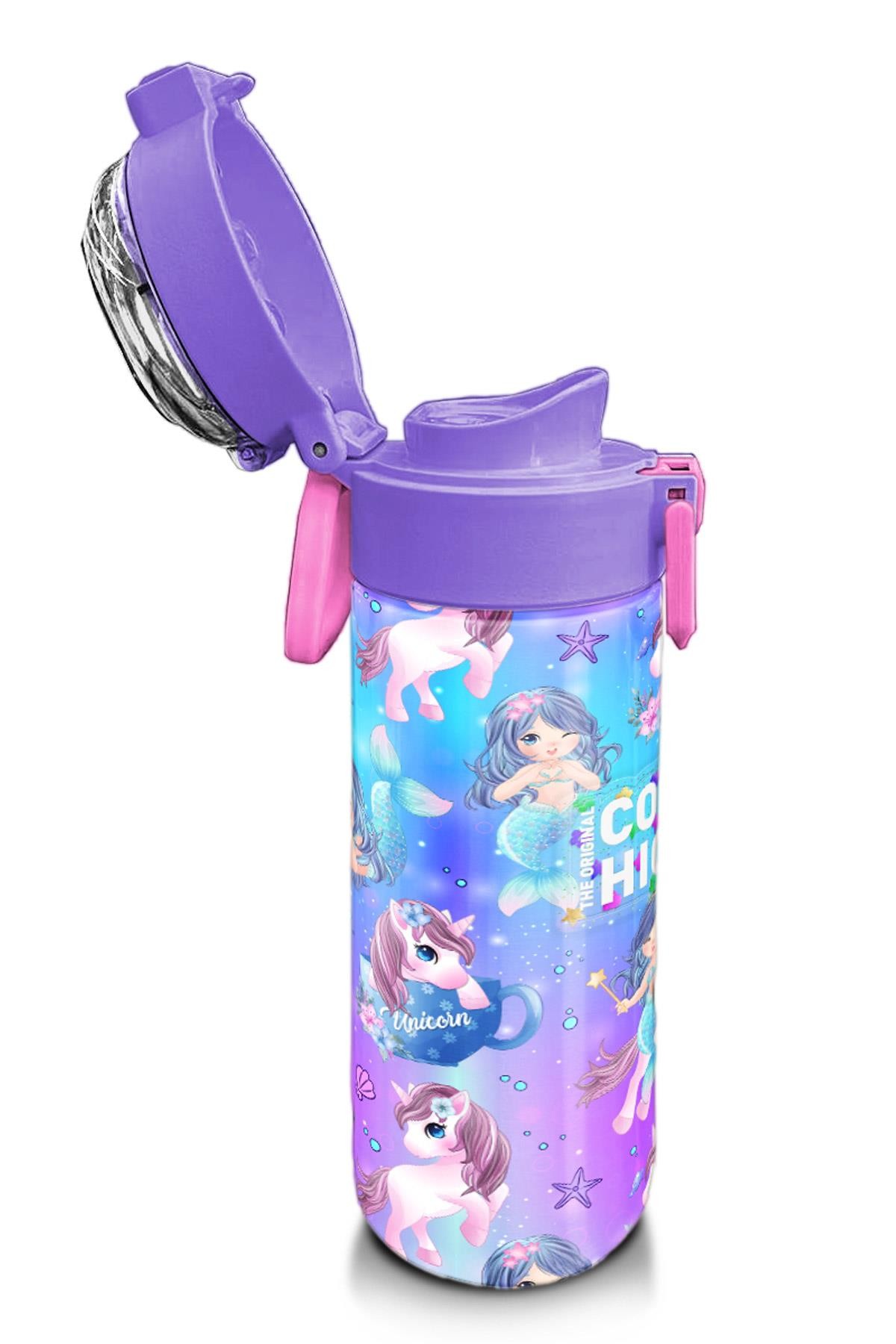 Coral High Kids Mor Pembe Unicorn Deniz Kızı Desenli Pipetli ve Direkt İçim Çelik Termos 500 ml 31982