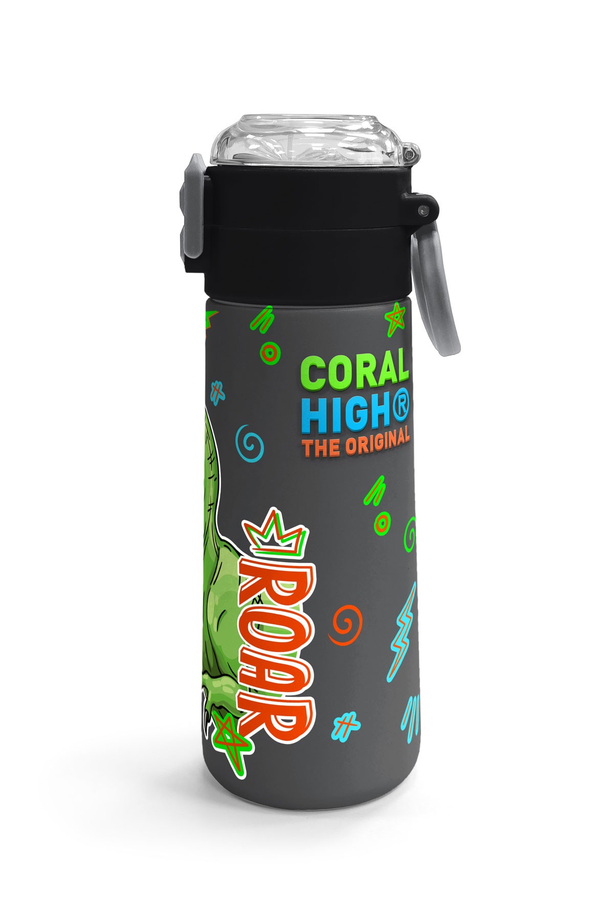 Coral High Kids Siyah Gri Dinozor Desenli Pipetli ve Direkt İçim Çelik Termos 500 ml 31946
