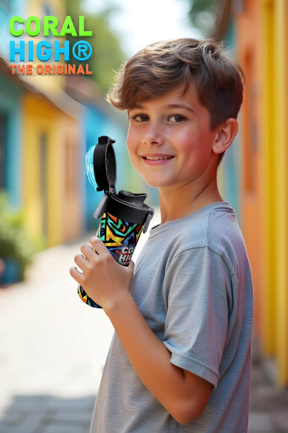 Coral High Kids Siyah Grafiti Desenli Pipetli ve Direkt İçim Çelik Termos 500 ml 31847