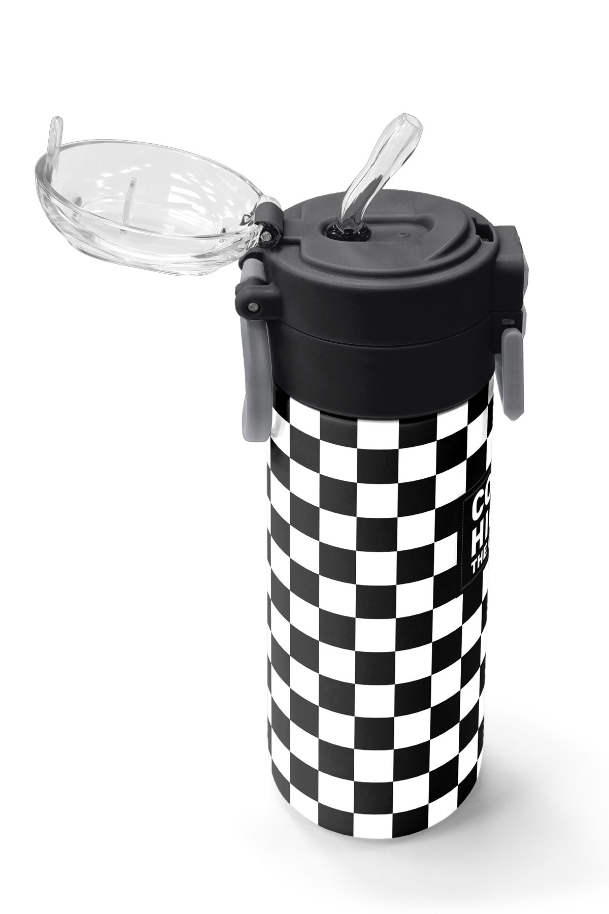 Coral High Kids Siyah Beyaz Dama Desenli Pipetli ve Direkt İçim Çelik Termos 500 ml 31877