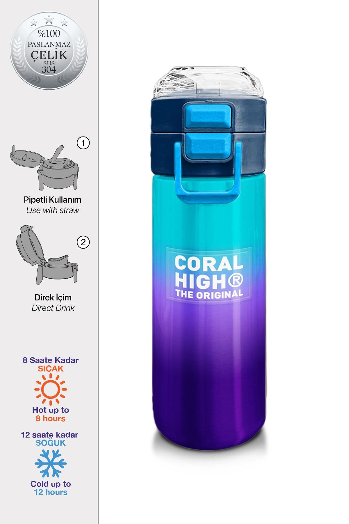 Coral High Kids Mor Renk Geçişli Desenli Pipetli ve Direkt İçim Çelik Termos 500 ml 31964