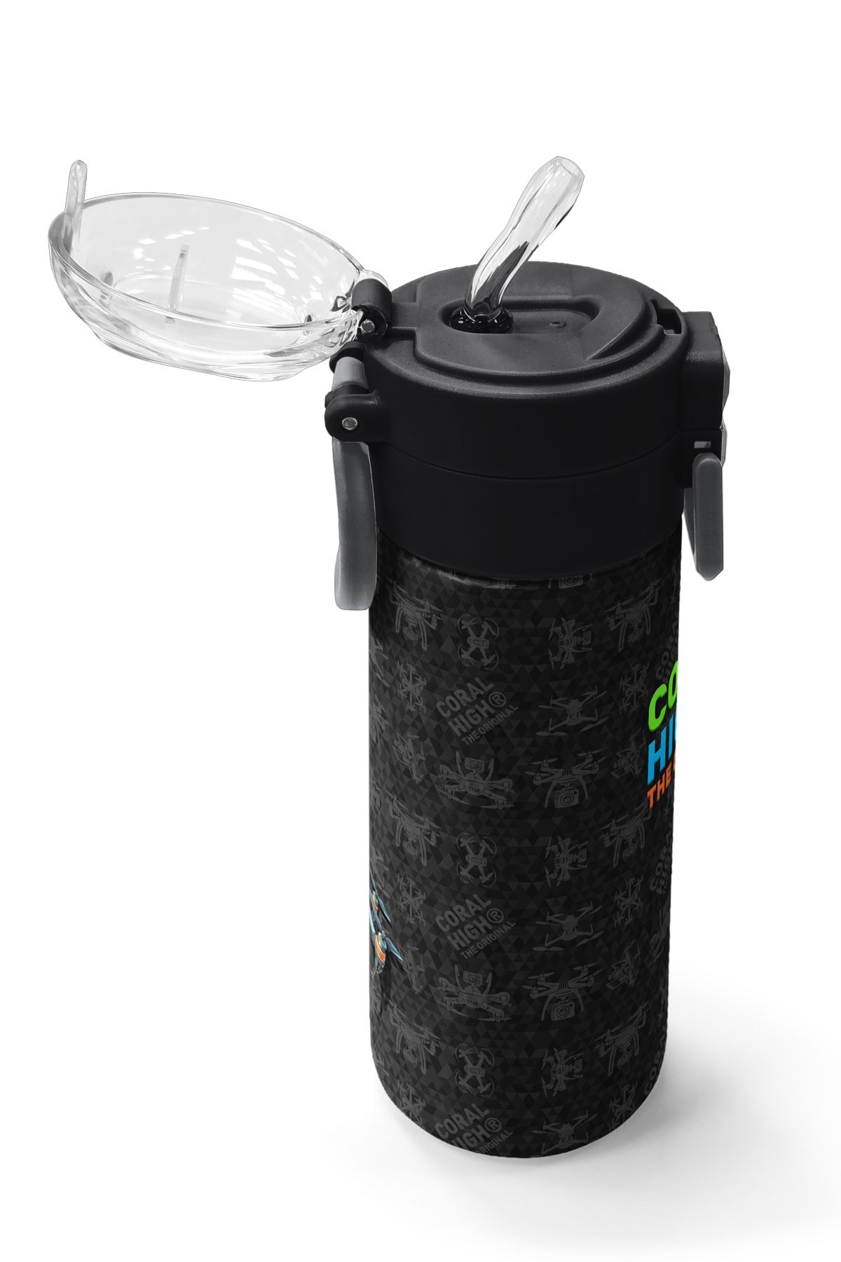 Coral High Kids Siyah Drone Desenli Pipetli ve Direkt İçim Çelik Termos 500 ml 31891