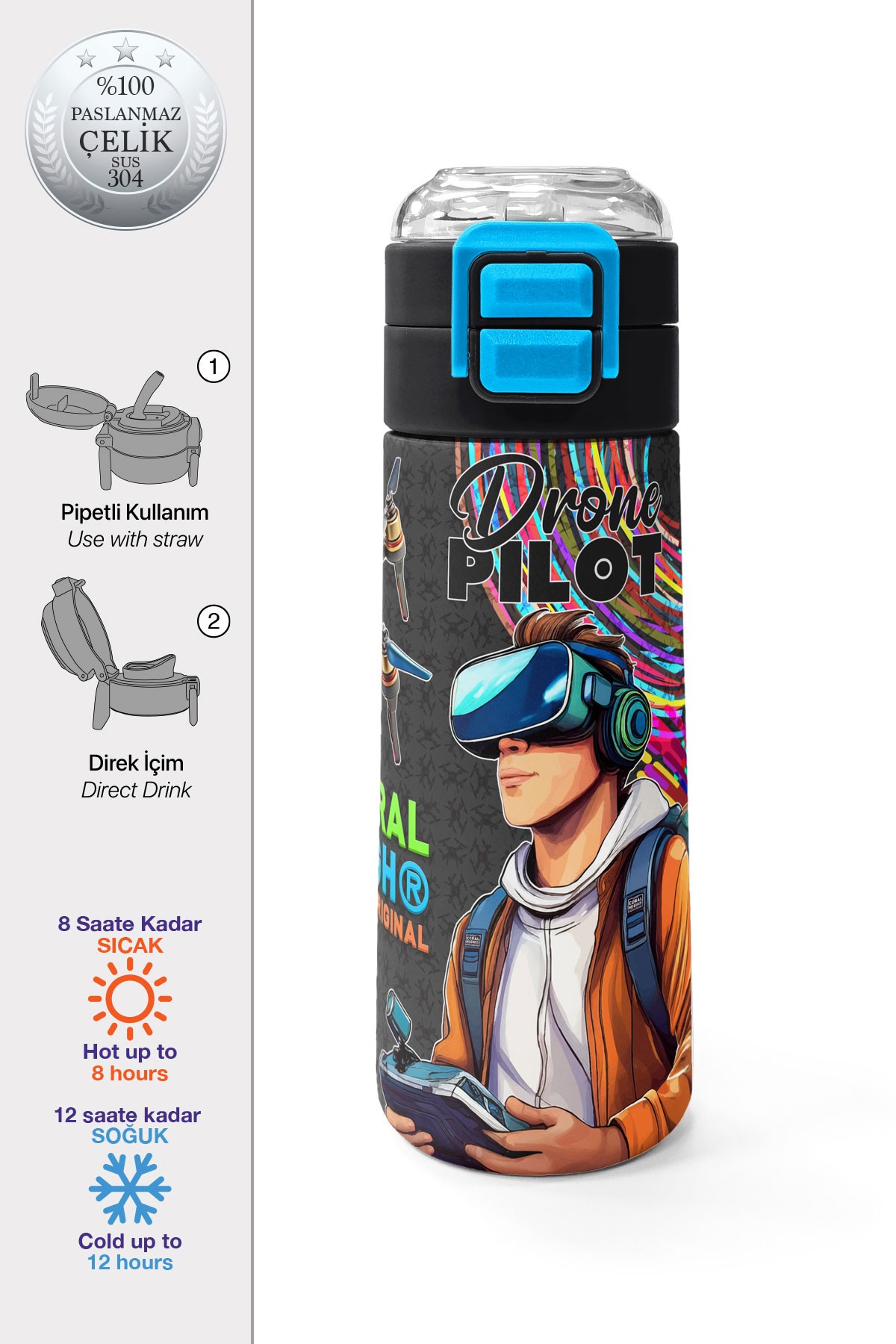 Coral High Kids Siyah Drone Pilot Desenli Pipetli ve Direkt İçim Çelik Termos 500 ml 31996