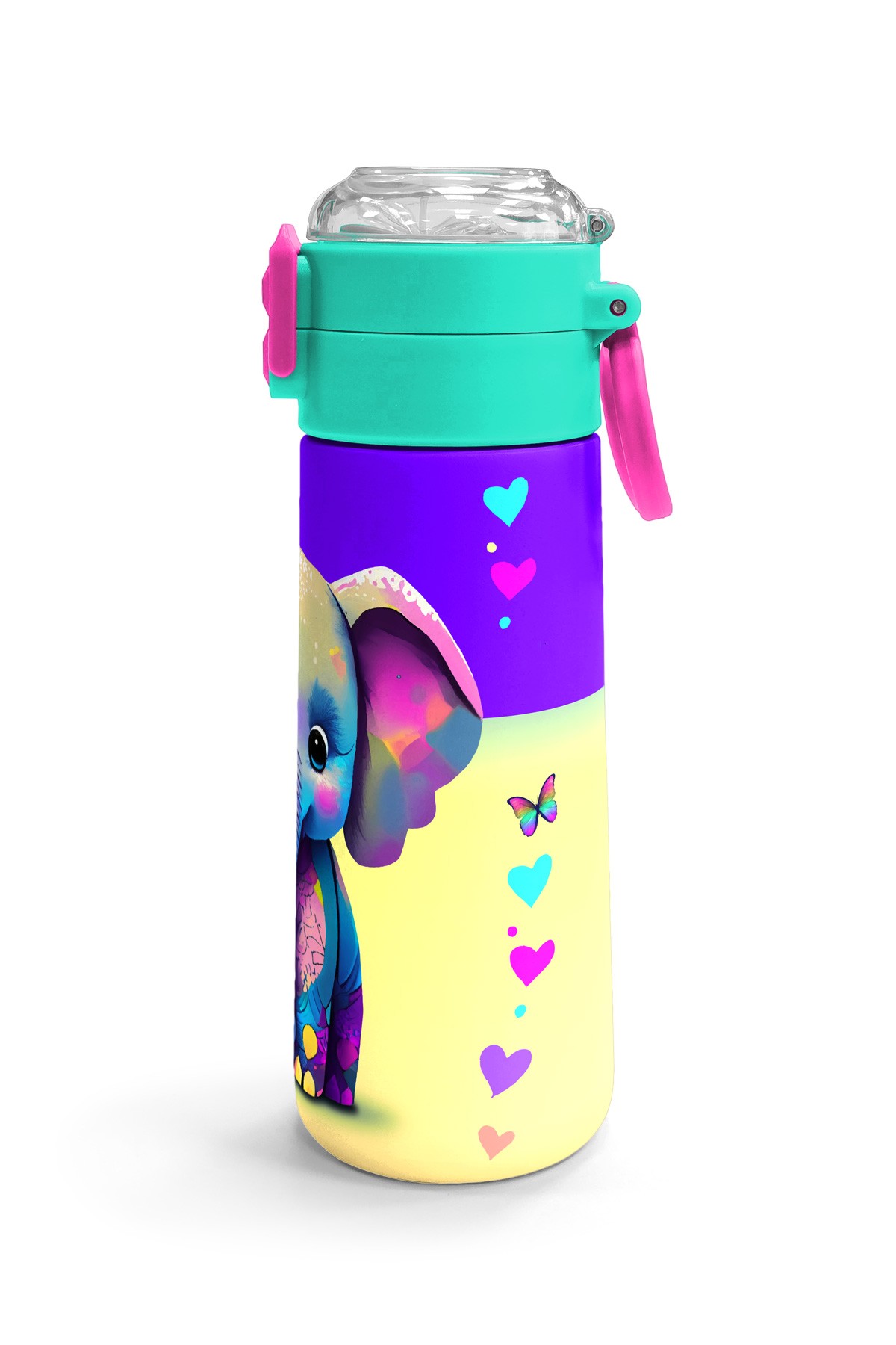 Coral High Kids Pembe Turkuaz Fil Desenli Pipetli ve Direkt İçim Çelik Termos 500 ml 31814