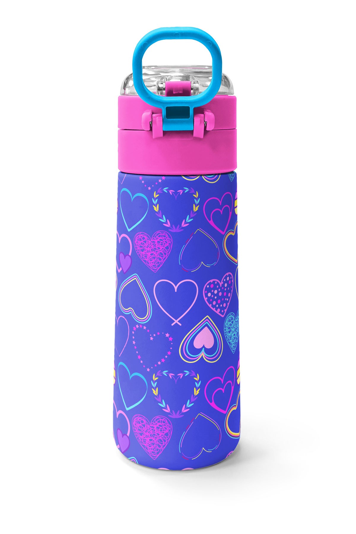 Coral High Kids Açık Pembe Lavanta Kalp Desenli Pipetli ve Direkt İçim Çelik Termos 500 ml 31977