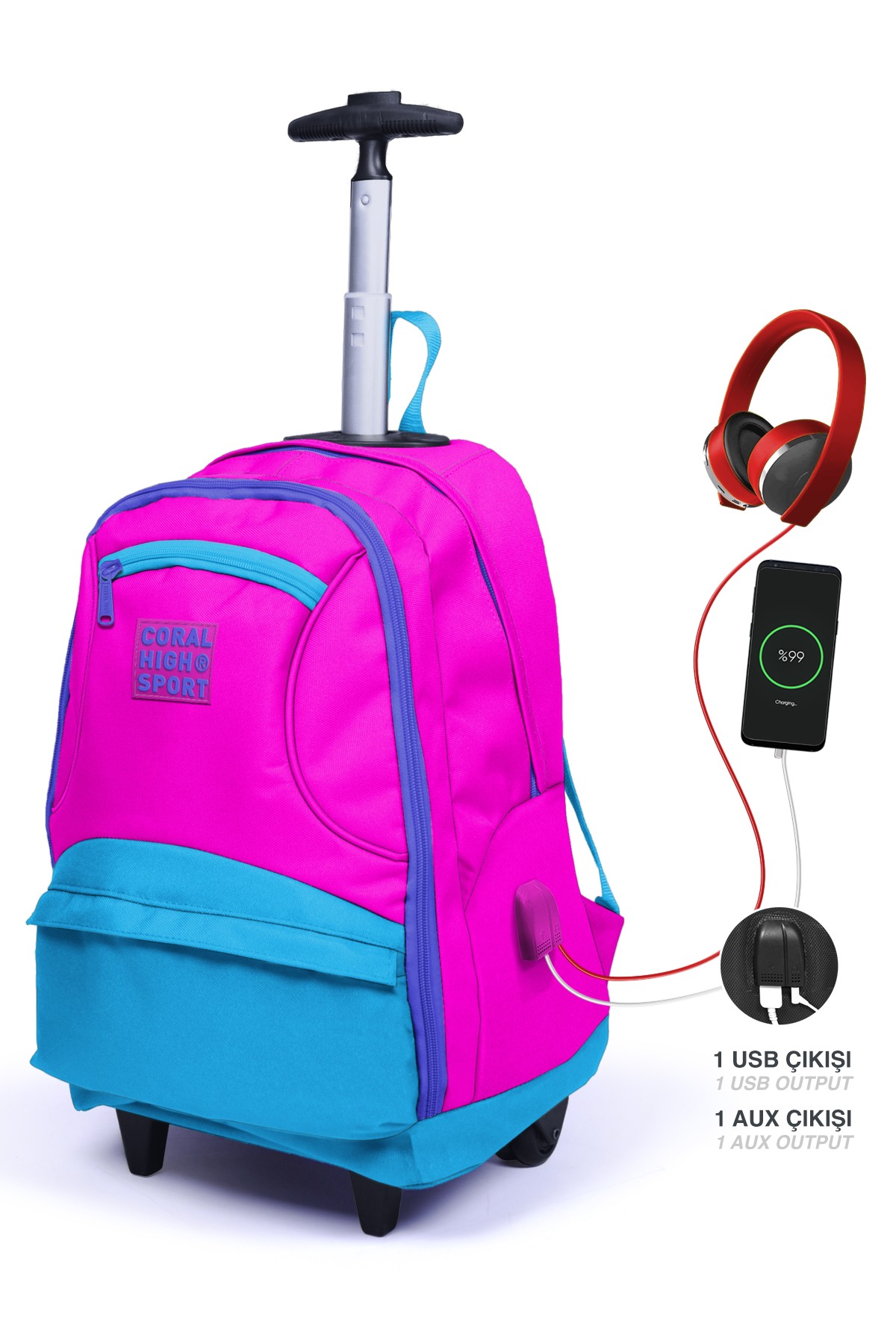 Coral High Sport Pembe Mavi Dört Bölmeli USB'li Çekçekli Sırt Çantası 23253