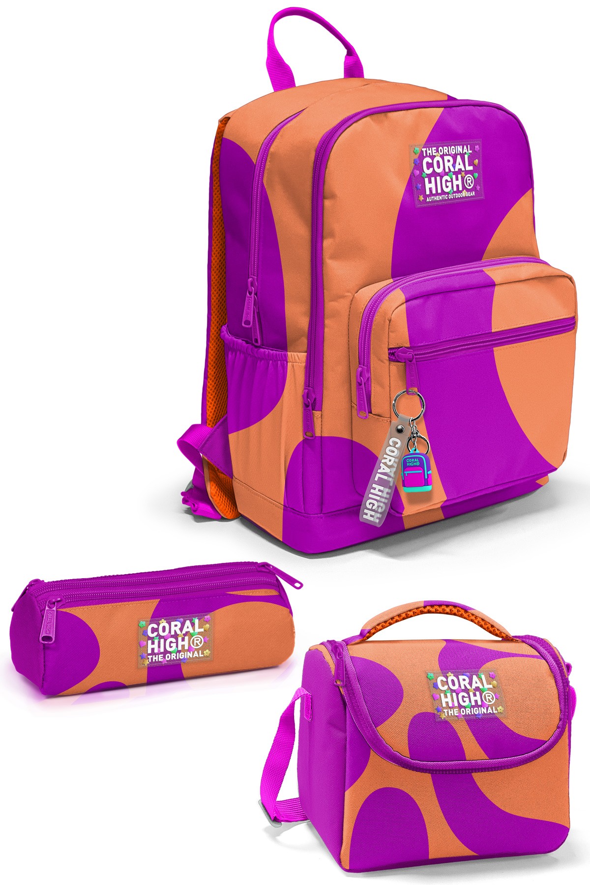Coral High Koyu Pembe Turuncu Desenli 3’lü Okul Çanta Seti SET0123684