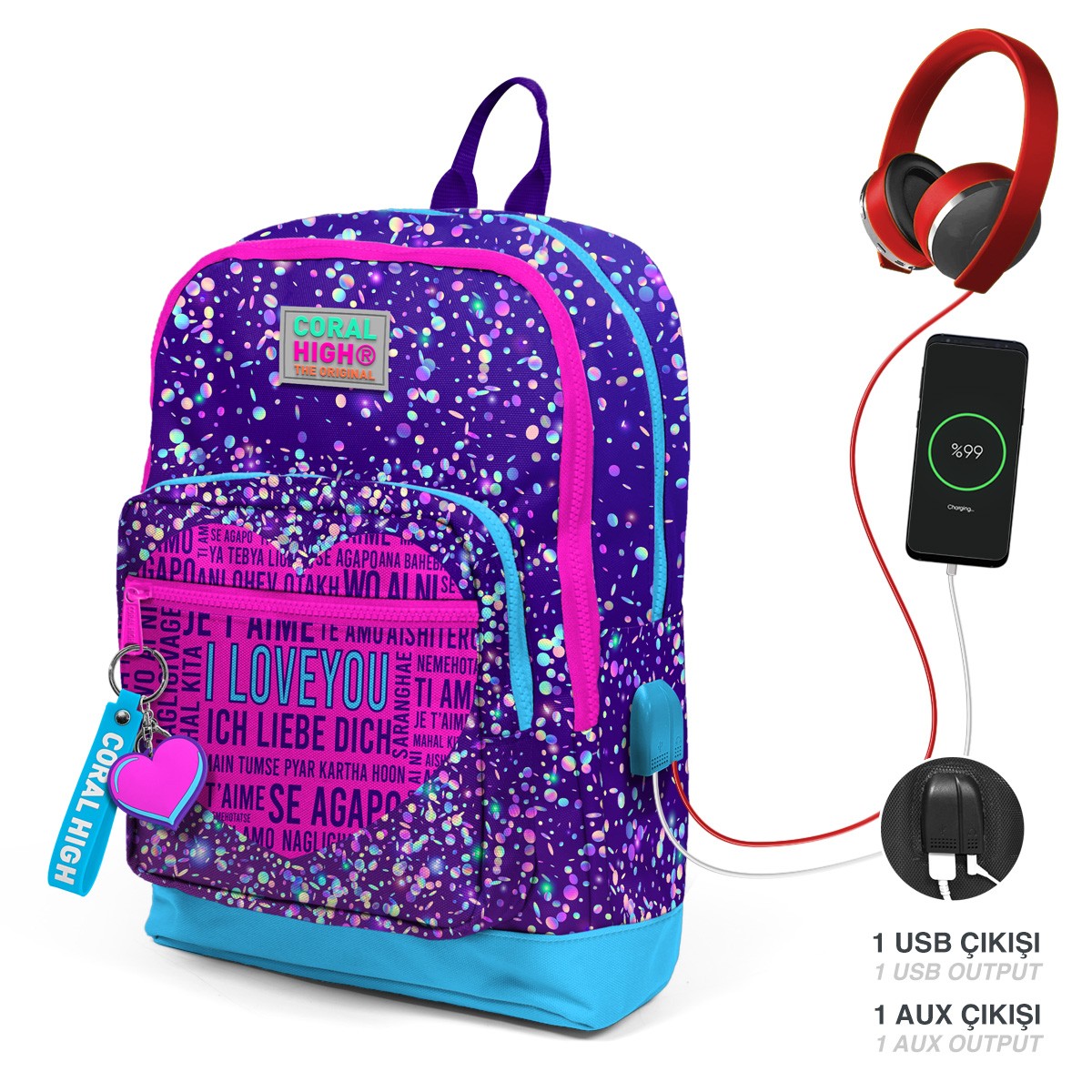 Coral High Kids Mor Mavi Pembe Kalp Desenli Dört Bölmeli USB'li Okul Sırt Çantası 23840