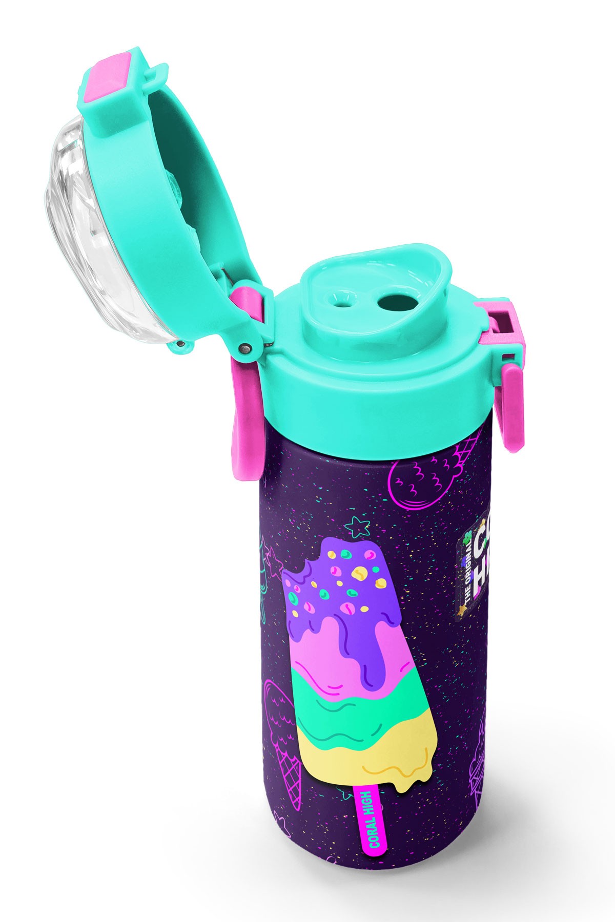 Coral High Kids Mor Pembe Dondurma Desenli Pipetli ve Direkt İçim Çelik Termos 500 ml 31980