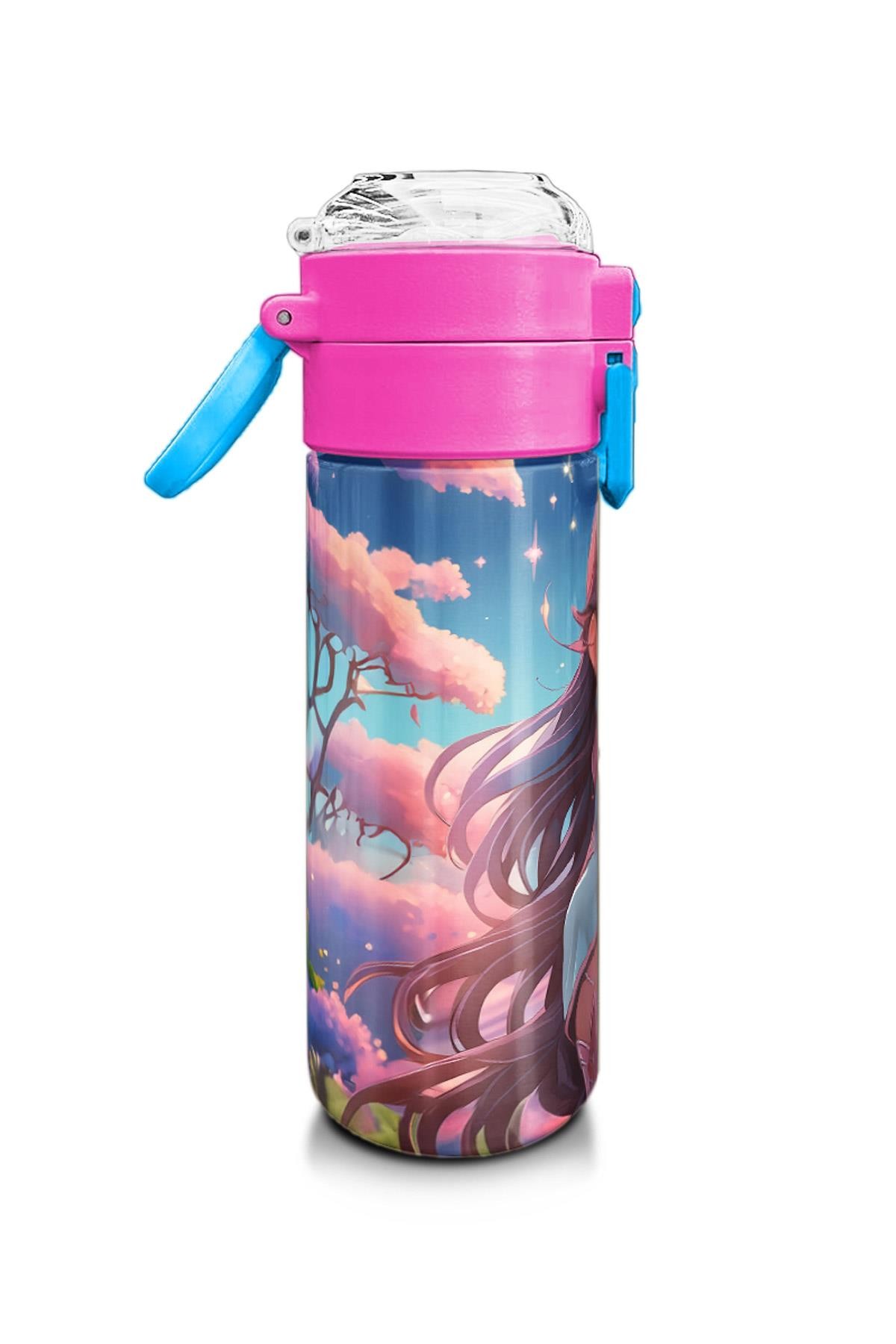 Coral High Kids Turkuaz Pembe Anime Kız Desenli Pipetli ve Direkt İçim Çelik Termos 500 ml 31858