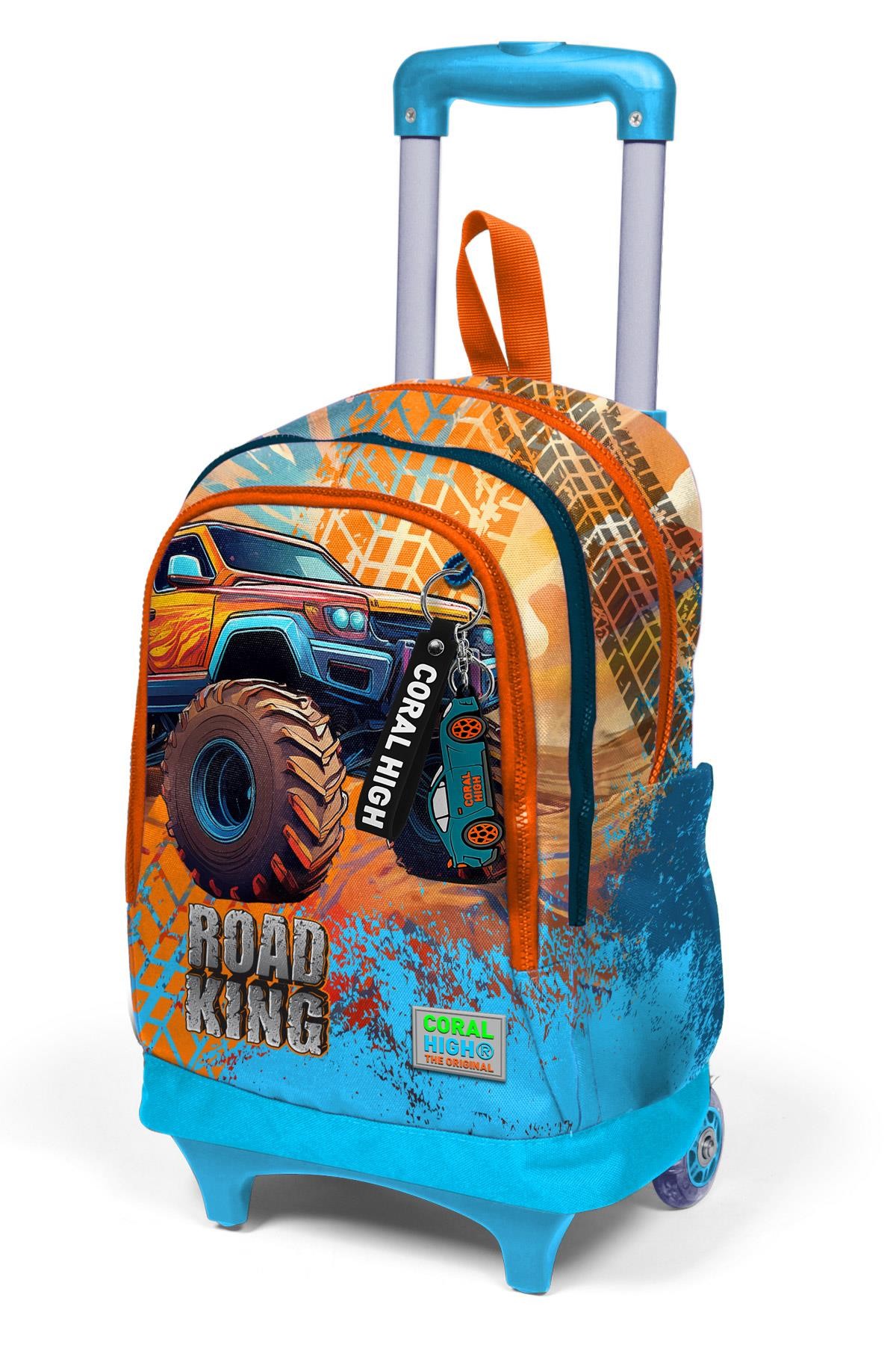 Coral High Kids Mavi Turuncu High Wheels Truck Desenli Üç Bölmeli Çekçekli Okul Sırt Çantası 23978