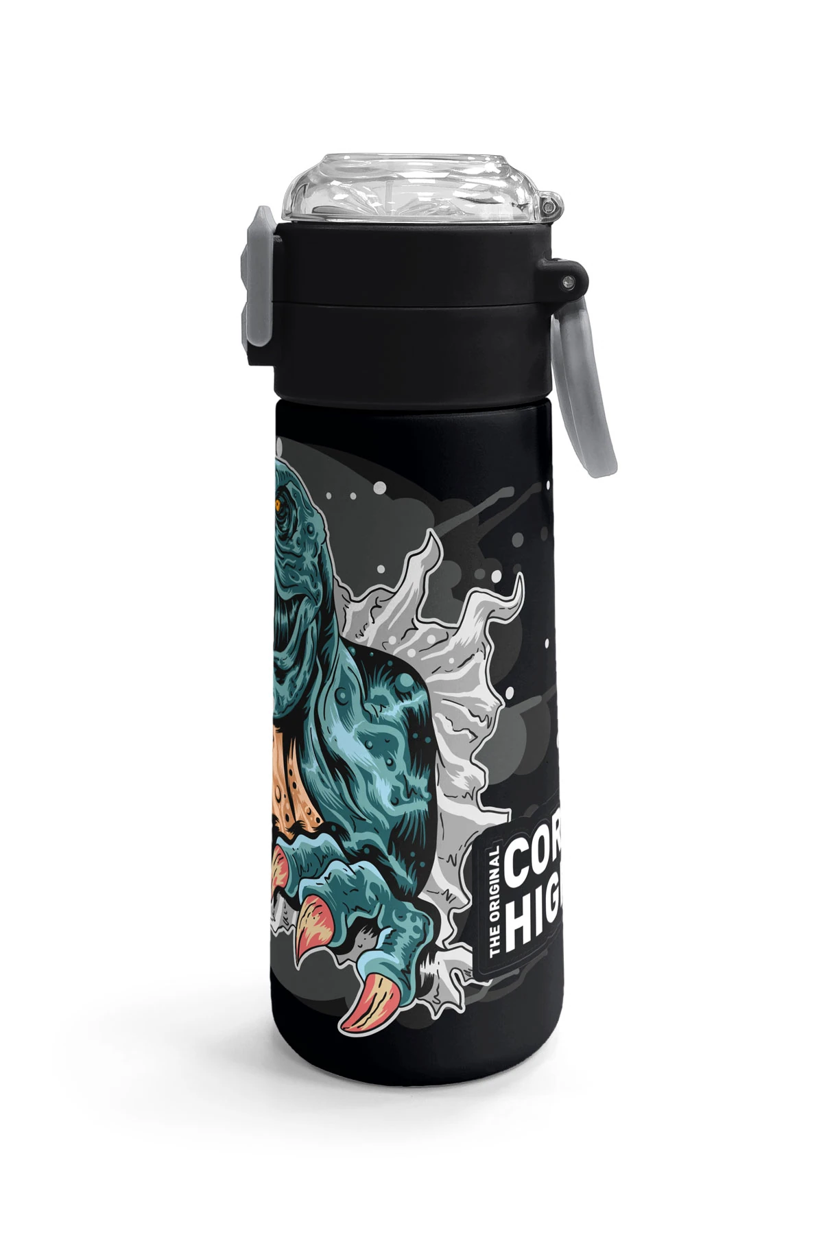 Coral High Kids Koyu Gri Siyah Dinozor Desenli Pipetli ve Direkt İçim Çelik Termos 500 ml 31822
