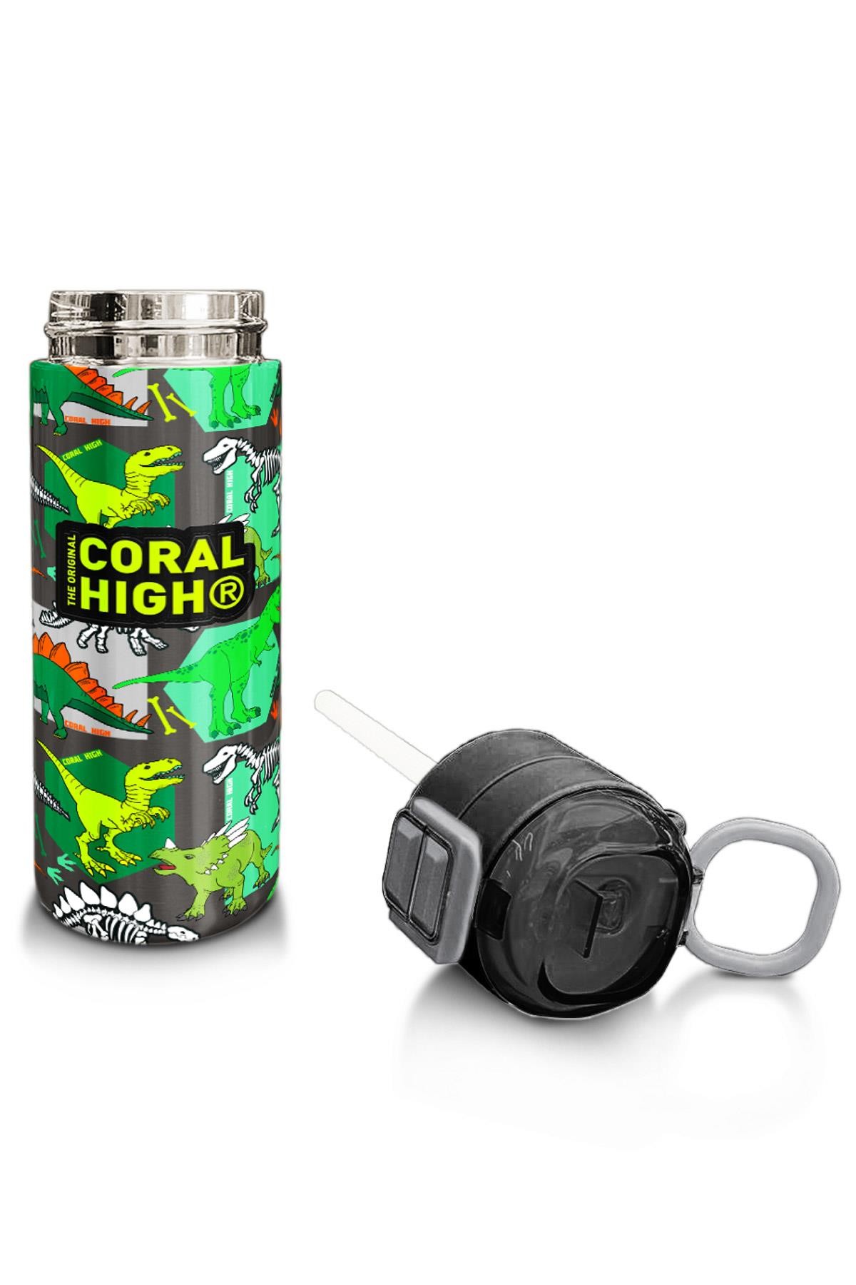 Coral High Kids Gri Yeşil Dinozor Desenli Pipetli ve Direkt İçim Çelik Termos 500 ml 31976