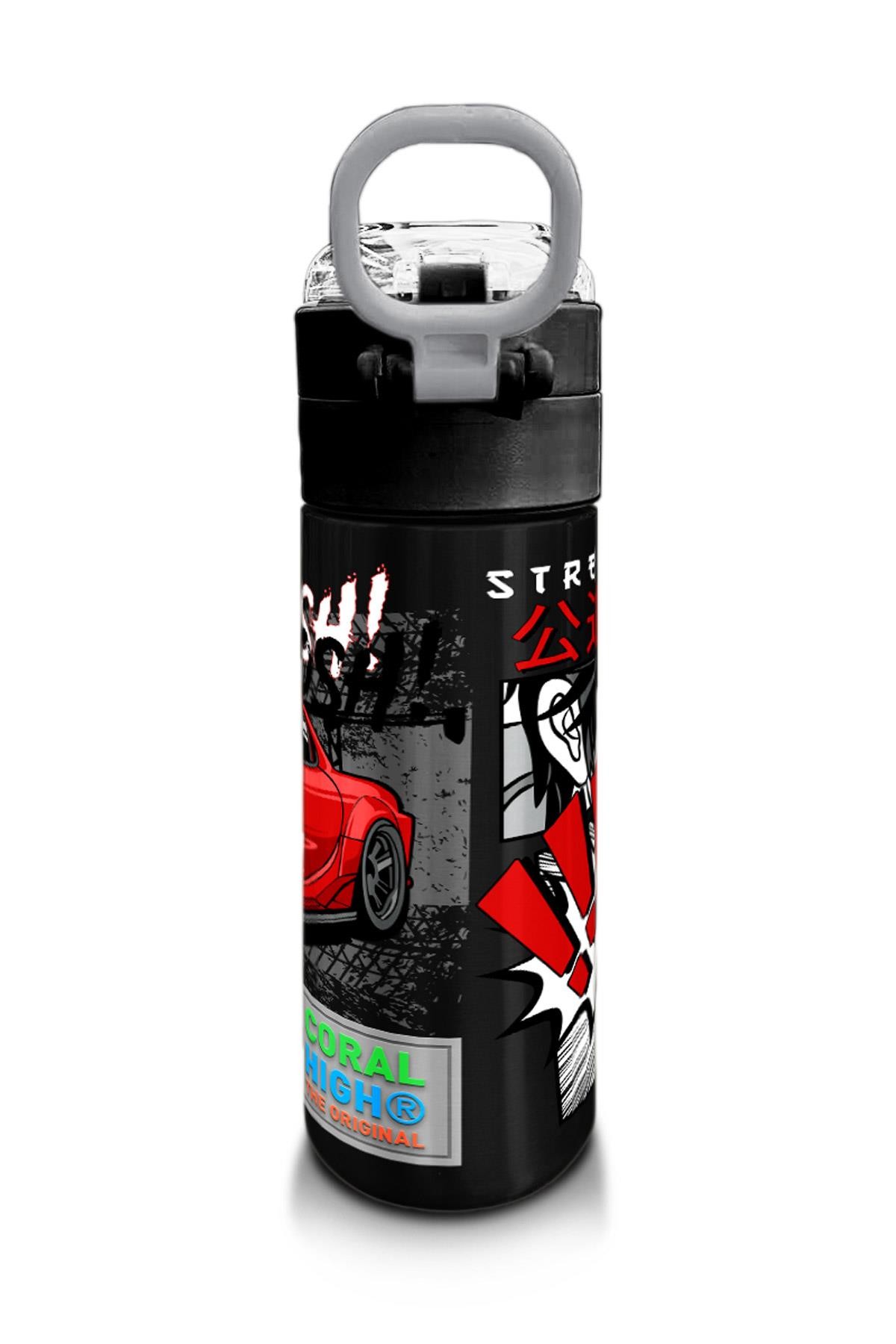 Coral High Kids Siyah Kırmızı Anime Araba Desenli Pipetli ve Direkt İçim Çelik Termos 500 ml 31948