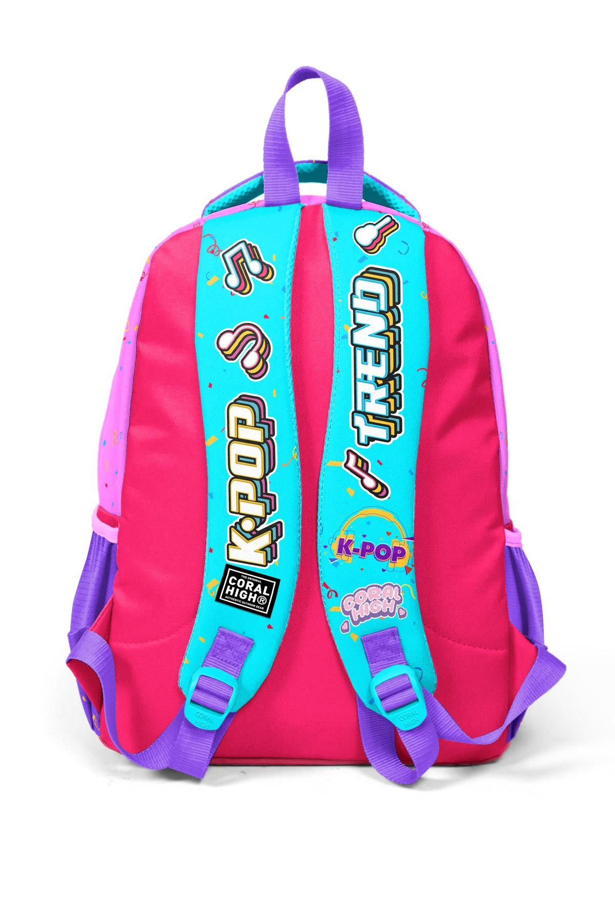 Coral High Kids Pembe Turkuaz K-Pop Desenli Üç Bölmeli Okul Sırt Çantası 14427