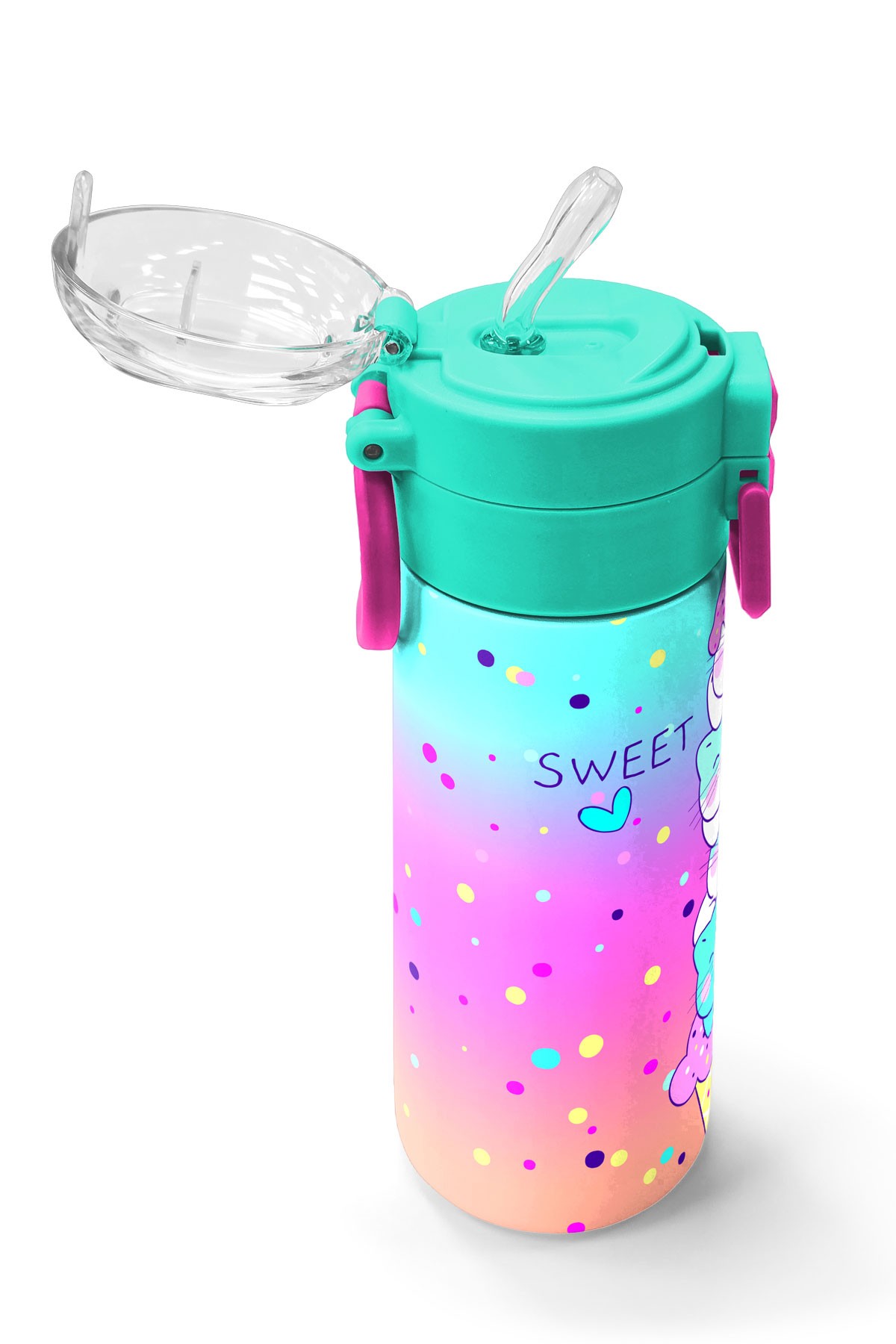 Coral High Kids Renkli Dondurmalı Kedi Desenli Pipetli ve Direkt İçim Çelik Termos 500 ml 31812