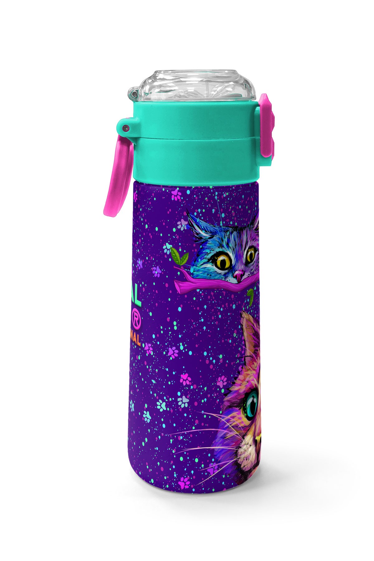 Coral High Kids Mor Pembe Kedi Desenli Pipetli ve Direkt İçim Çelik Termos 500 ml 31939