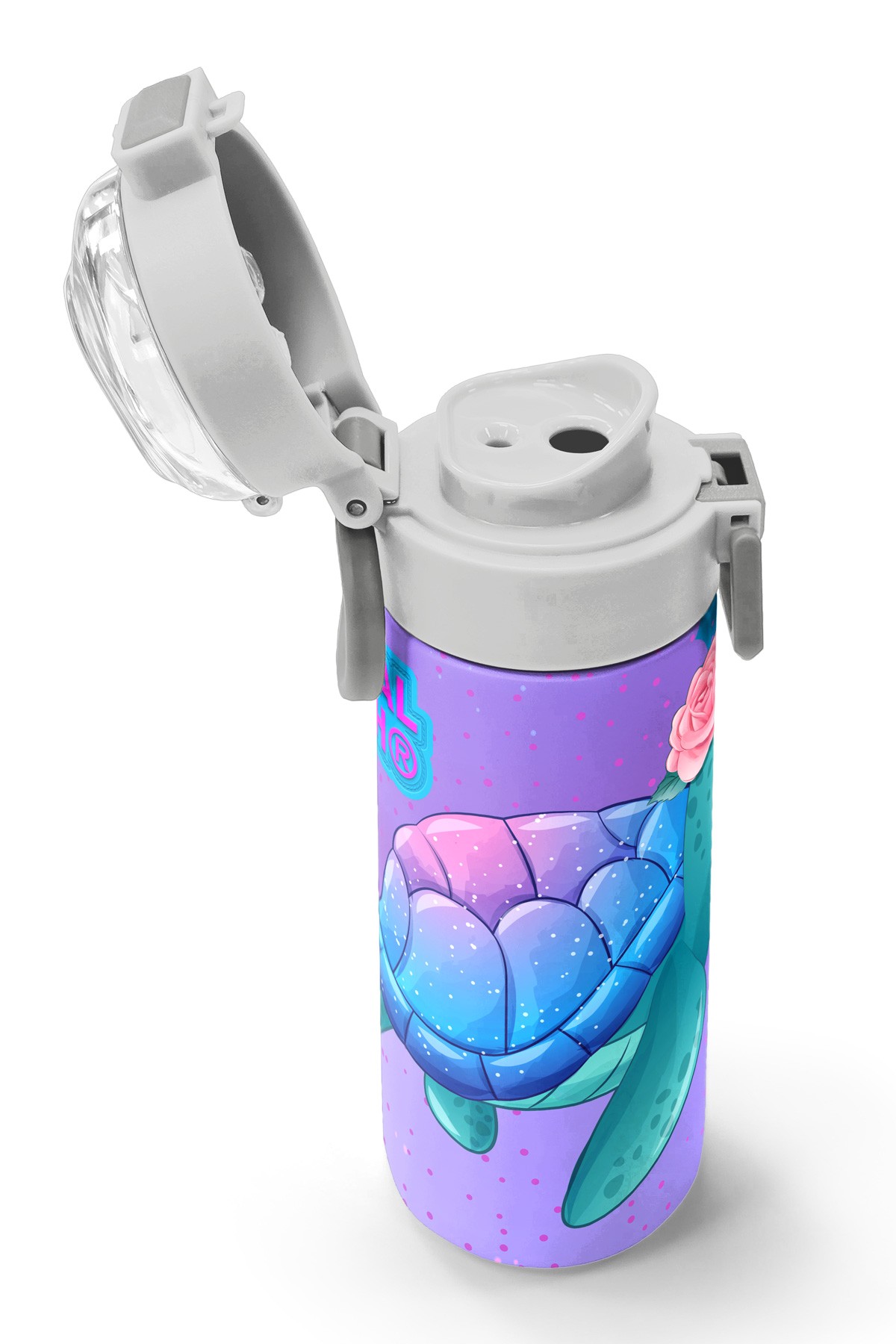 Coral High Kids Açık Pembe Mavi Kaplumbağa Desenli Pipetli ve Direkt İçim Çelik Termos 500 ml 31808