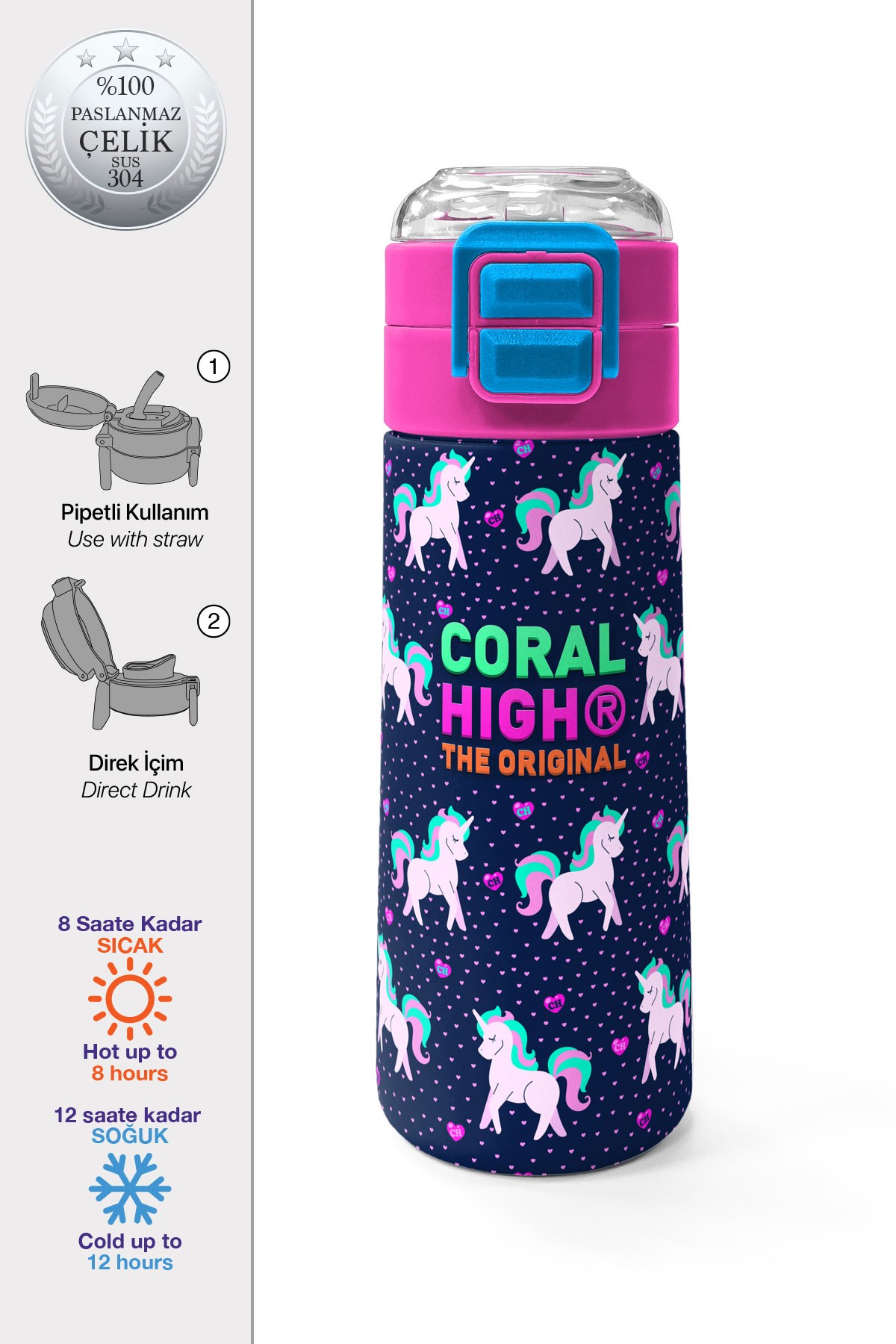 Coral High Kids Lacivert Pembe Unicorn Desenli Pipetli ve Direkt İçim Çelik Termos 500 ml 31915