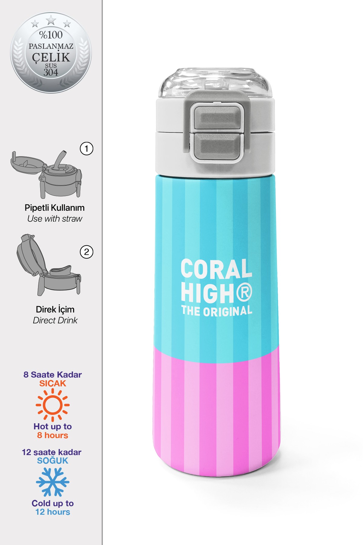Coral High Kids Renkli Çizgili Desenli Pipetli ve Direkt İçim Çelik Termos 500 ml 31987