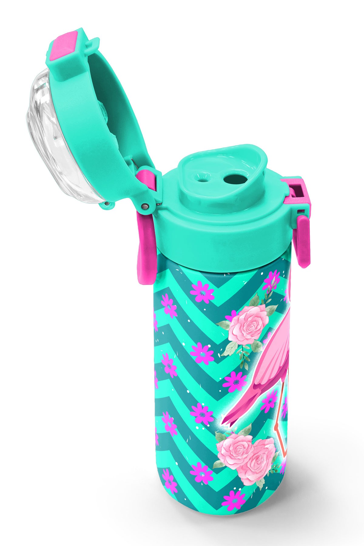 Coral High Kids Su Yeşili Pembe Flamingo Desenli Pipetli ve Direkt İçim Çelik Termos 500 ml 31820