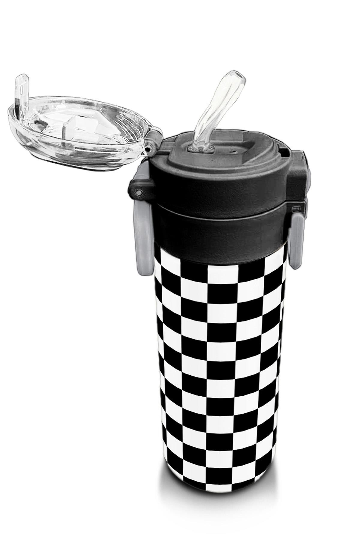 Coral High Kids Siyah Beyaz Dama Desenli Pipetli ve Direkt İçim Çelik Termos 500 ml 31877