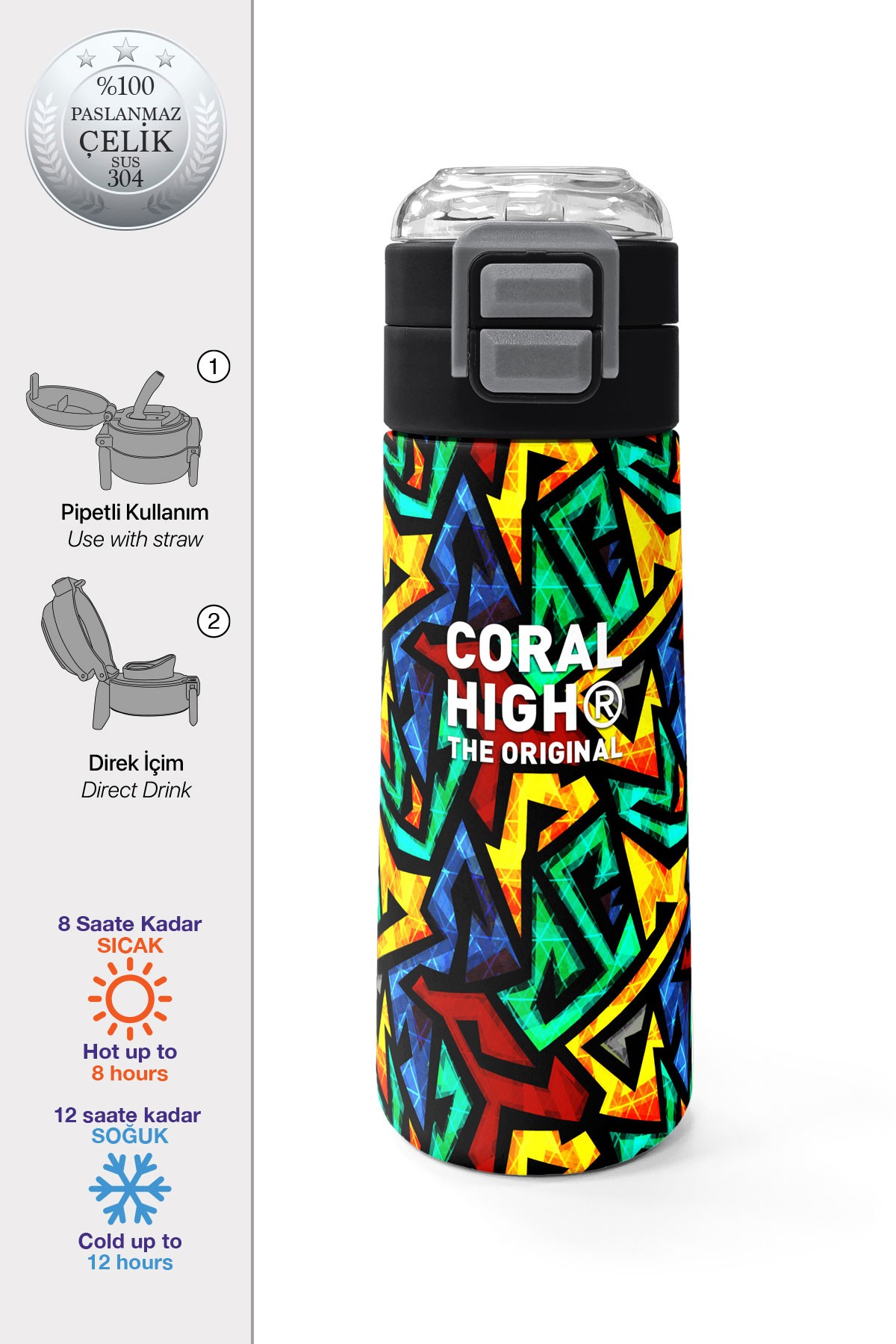 Coral High Kids Siyah Grafiti Desenli Pipetli ve Direkt İçim Çelik Termos 500 ml 31847