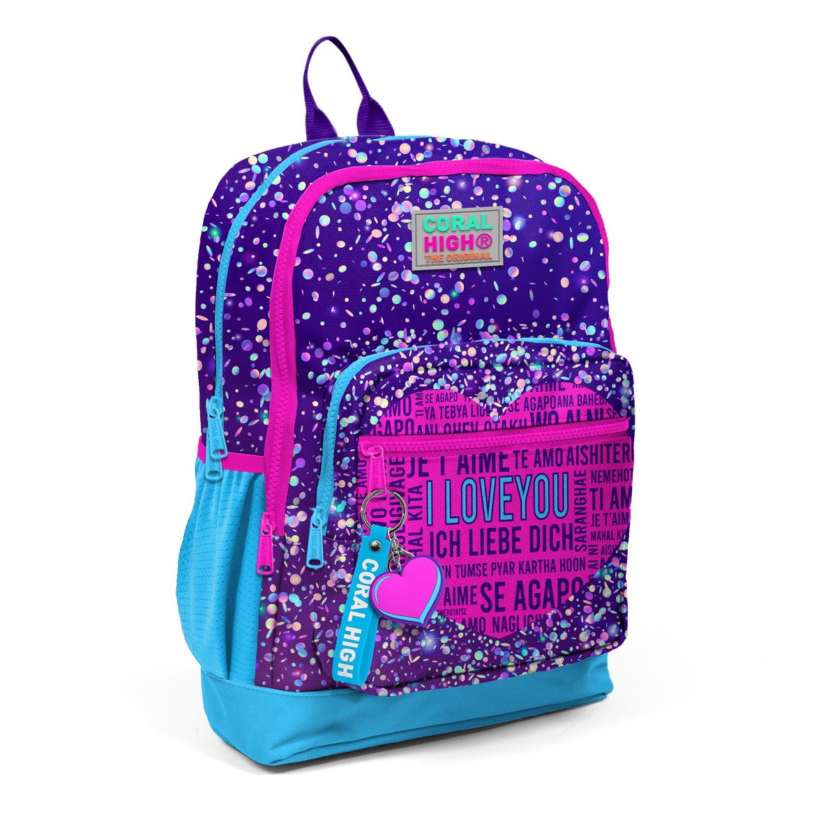Coral High Kids Mor Mavi Pembe Kalp Desenli Dört Bölmeli USB'li Okul Sırt Çantası 23840