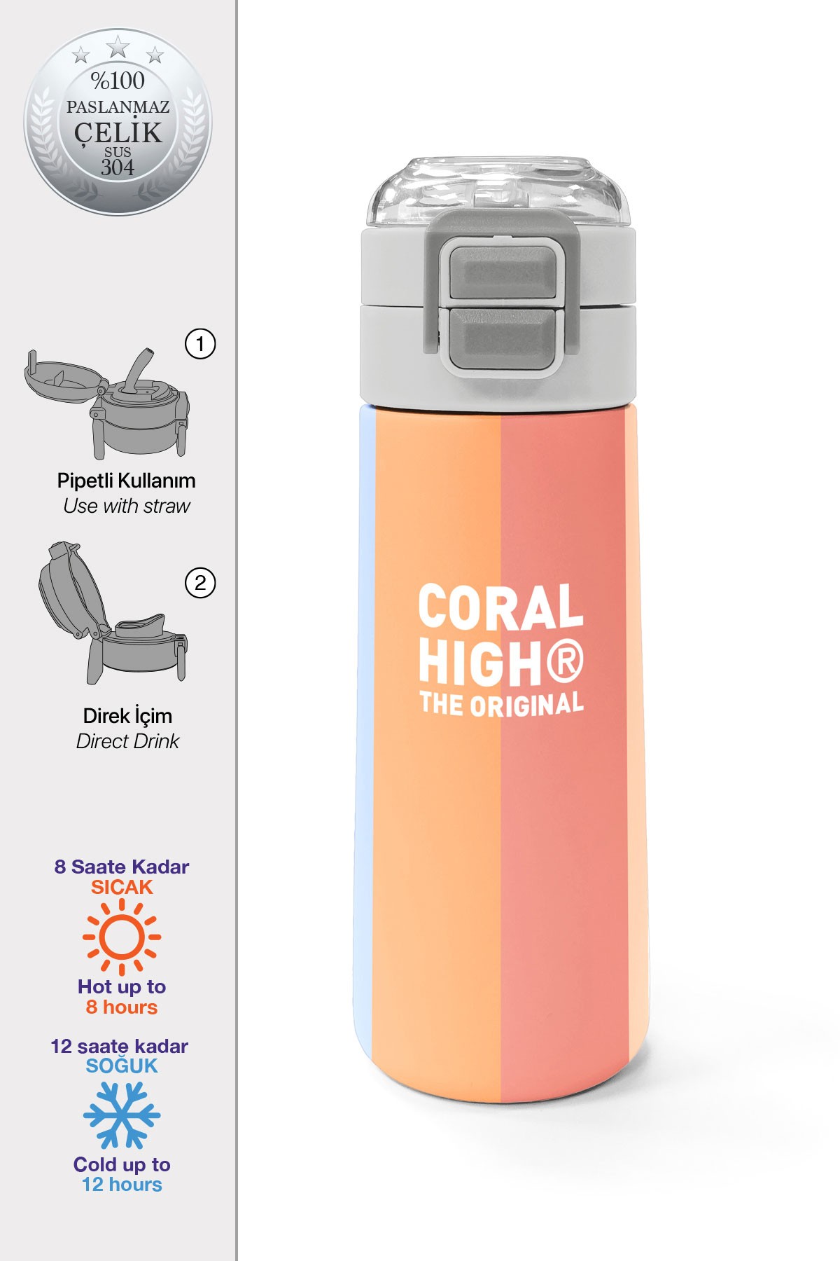Coral High Kids Renkli Çizgili Desenli Pipetli ve Direkt İçim Çelik Termos 500 ml 31880