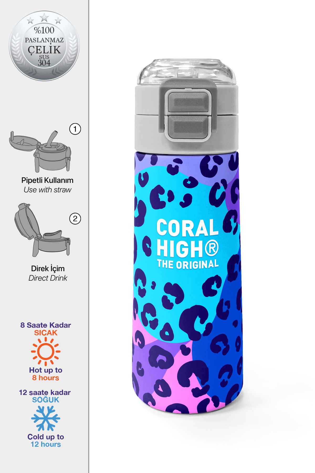 Coral High Kids Mor Leopar Desenli Pipetli ve Direkt İçim Çelik Termos 500 ml 31846