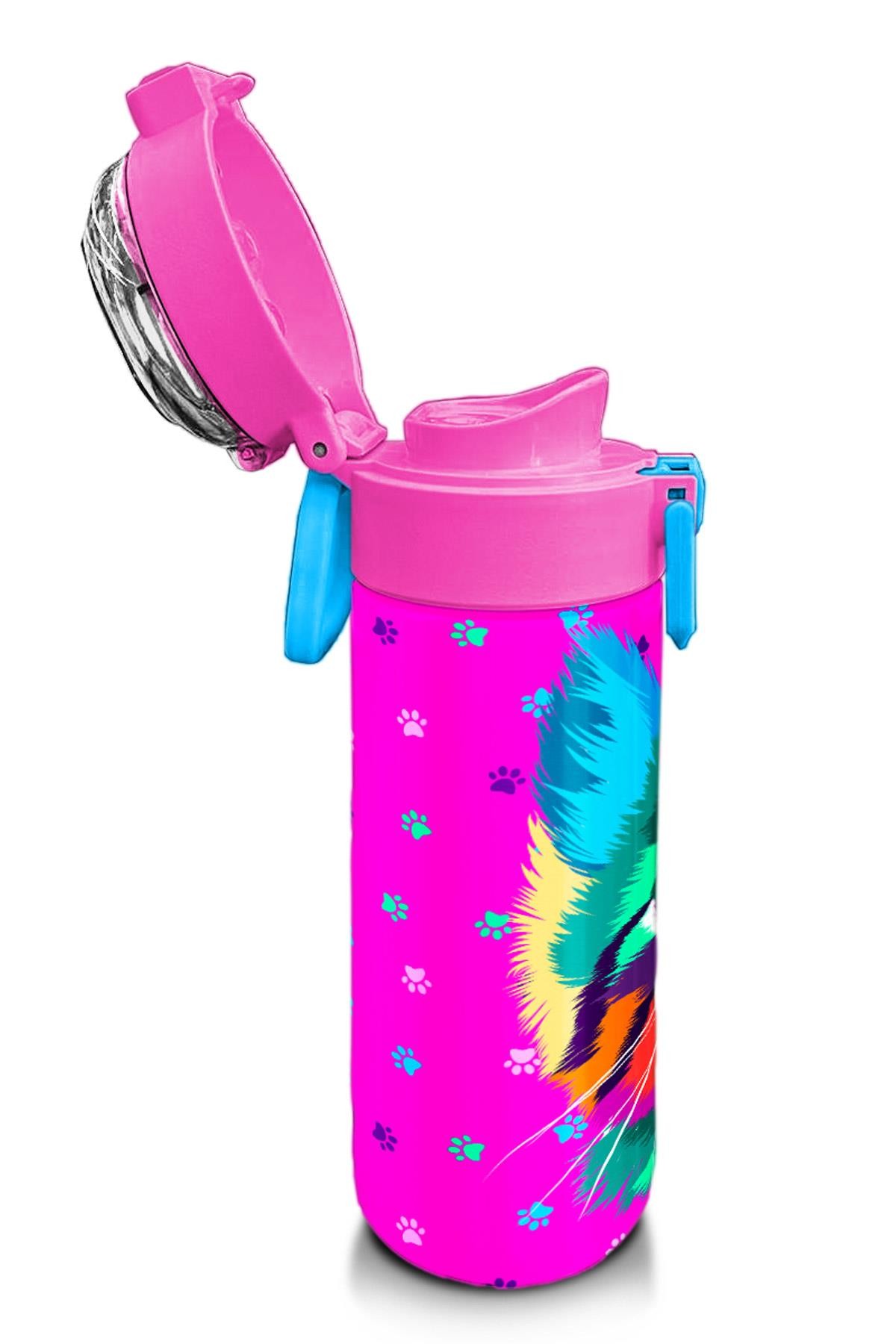 Coral High Kids Mor Pembe Kedi Desenli Pipetli ve Direkt İçim Çelik Termos 500 ml 31800