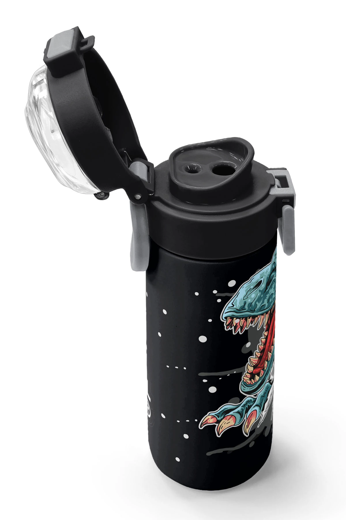 Coral High Kids Koyu Gri Siyah Dinozor Desenli Pipetli ve Direkt İçim Çelik Termos 500 ml 31822
