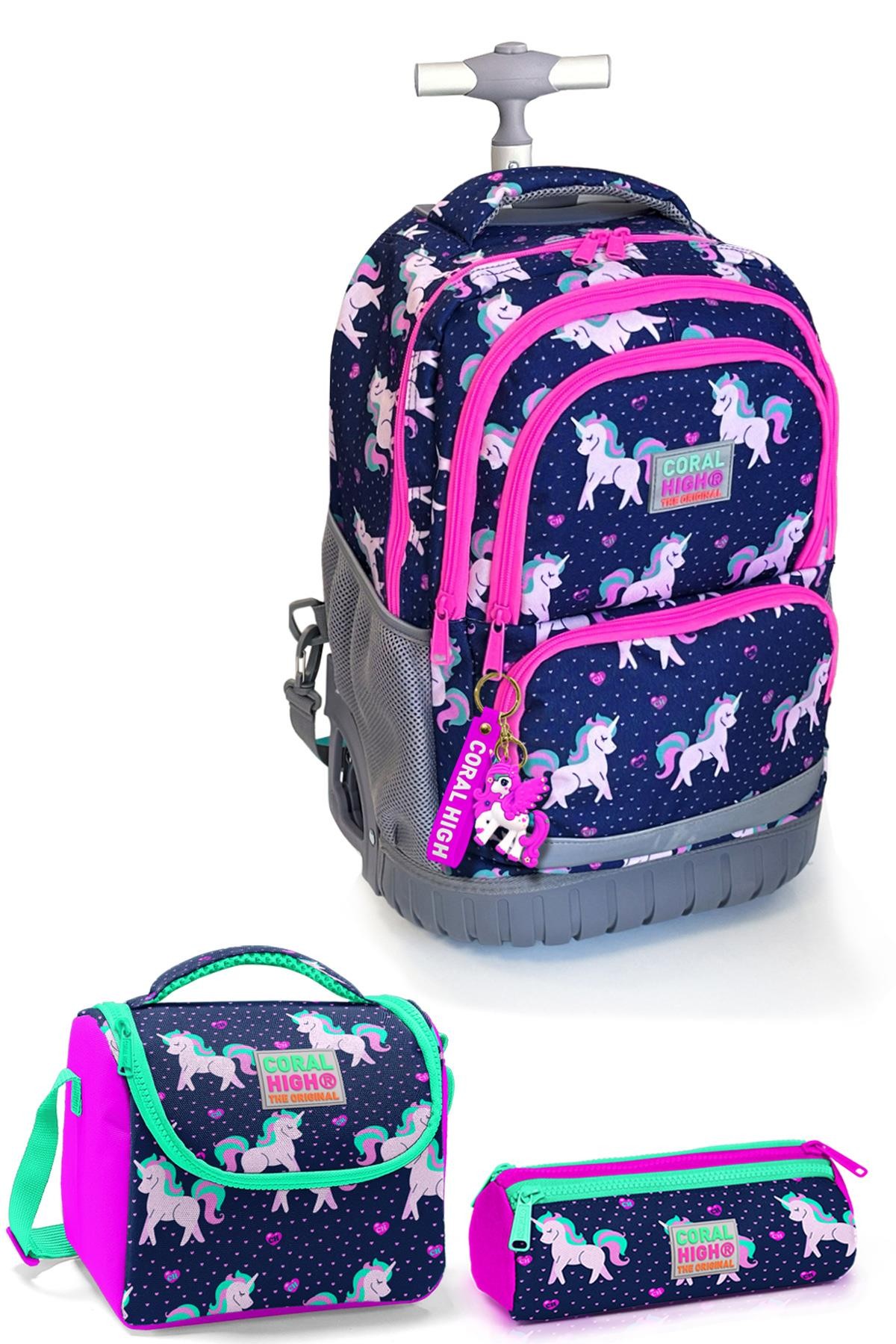 Coral High Kids Lacivert Pembe Unicorn Desenli Çekçekli 3'lü Çanta Seti SET0124023