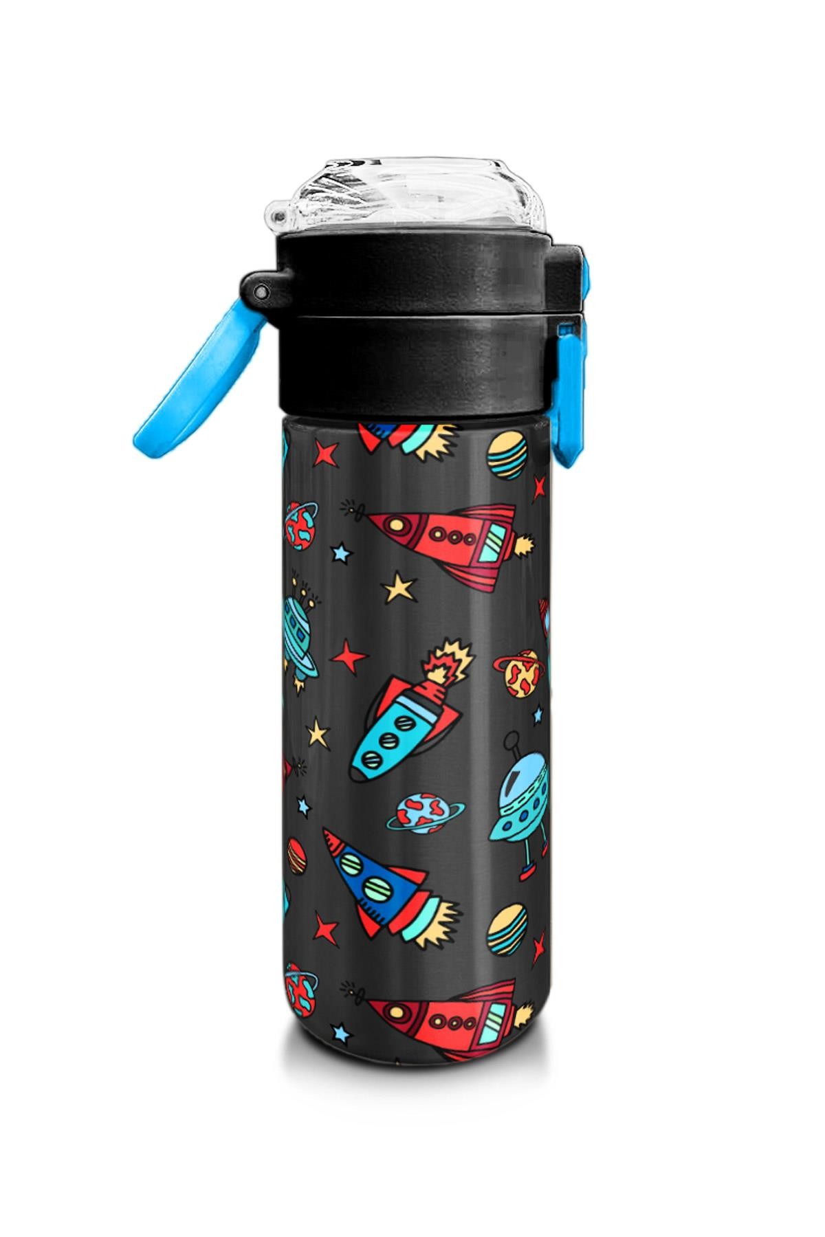 Coral High Kids Koyu Gri Kırmızı Uzay Desenli Pipetli ve Direkt İçim Çelik Termos 500 ml 31916